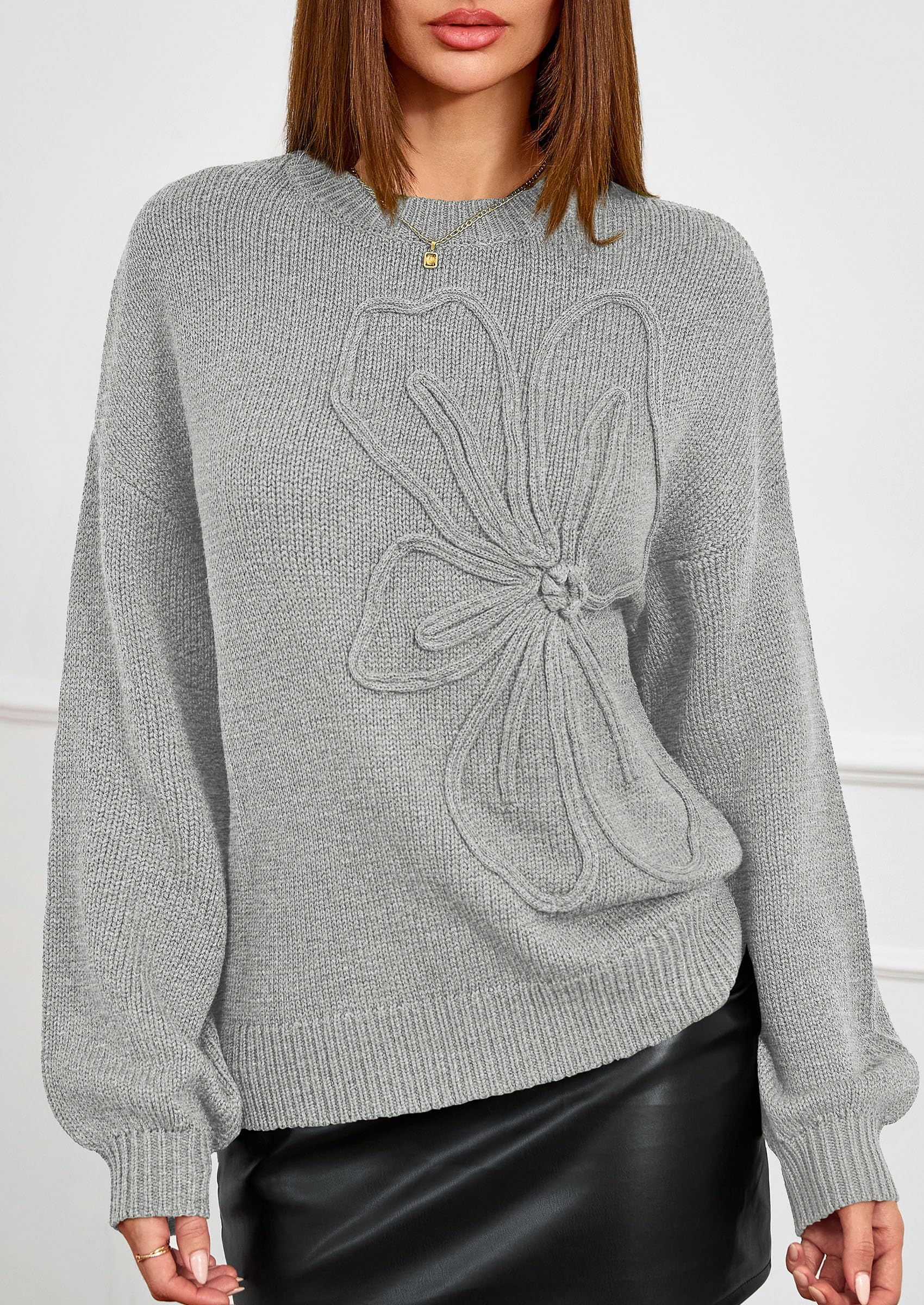PRETTYGARDEN Womens Sweaters  Fall Fashion Long Sleeve Crewneck Floral Knit Pullover Sweater Tops Winter Clothes