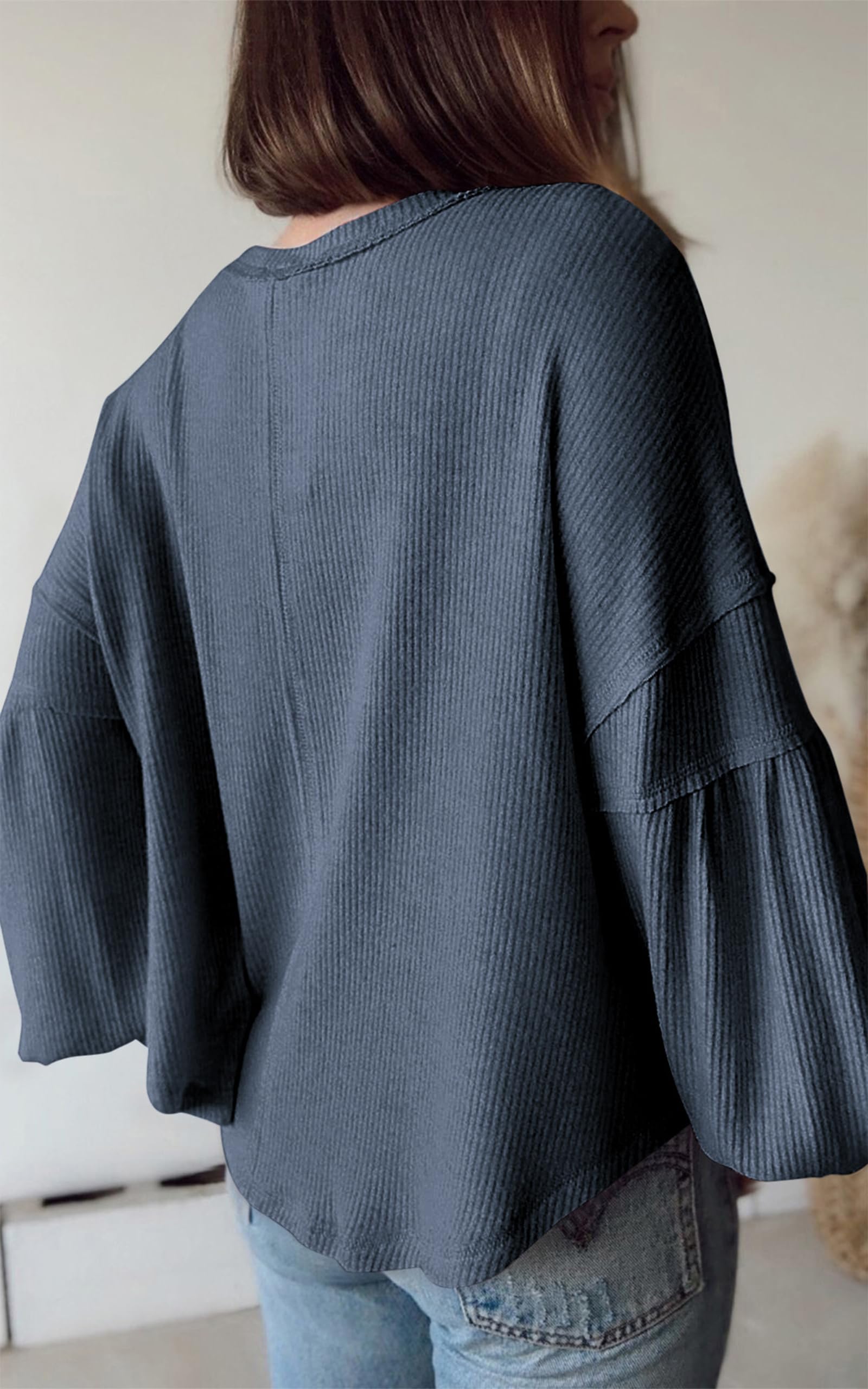 FreshPretty Womens Fall Fashion Long Sleeve Shirts Casual V Neck Ribbed Knit Blouses Pullover Trendy Loose Fit Tunic Tops