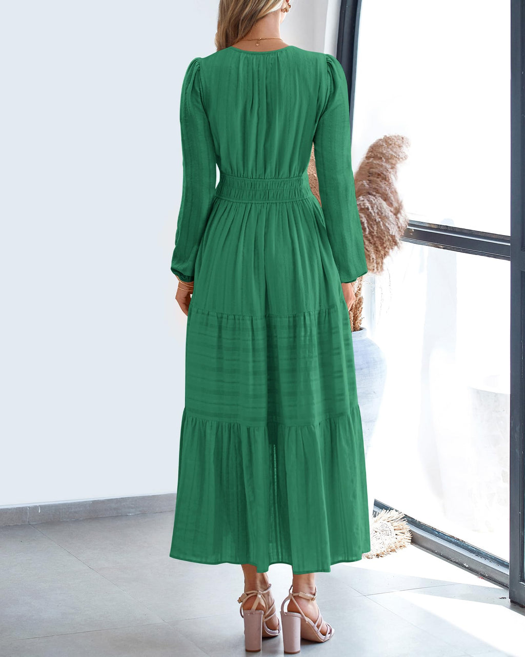 FreshPretty Fall Dresses for Women Casual Long Sleeve V Neck Elastic Waist Lightweight Maxi Wedding Guest Dress Pockets