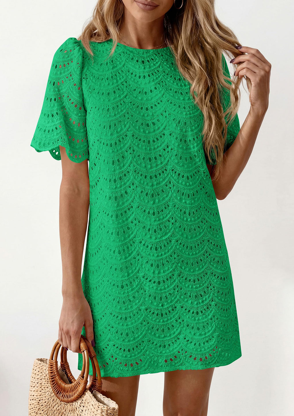 PRETTYGARDEN Women's Summer Casual Short Dresses Embroidered Lace Short Sleeve Boho Mini Dress Beach Vacation Clothes