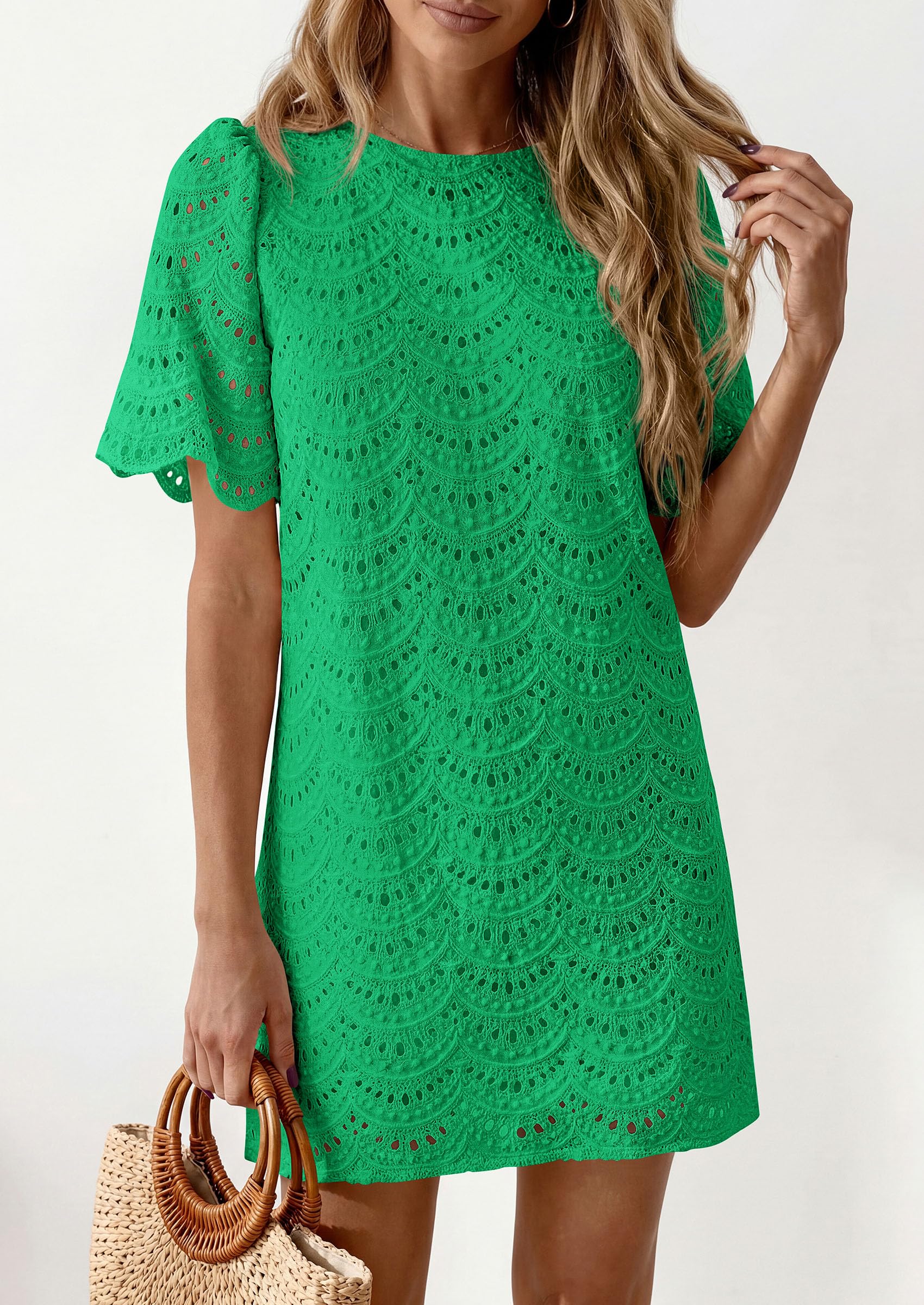 PRETTYGARDEN Women's Summer Casual Short Dresses Embroidered Lace Short Sleeve Boho Mini Dress Beach Vacation Clothes