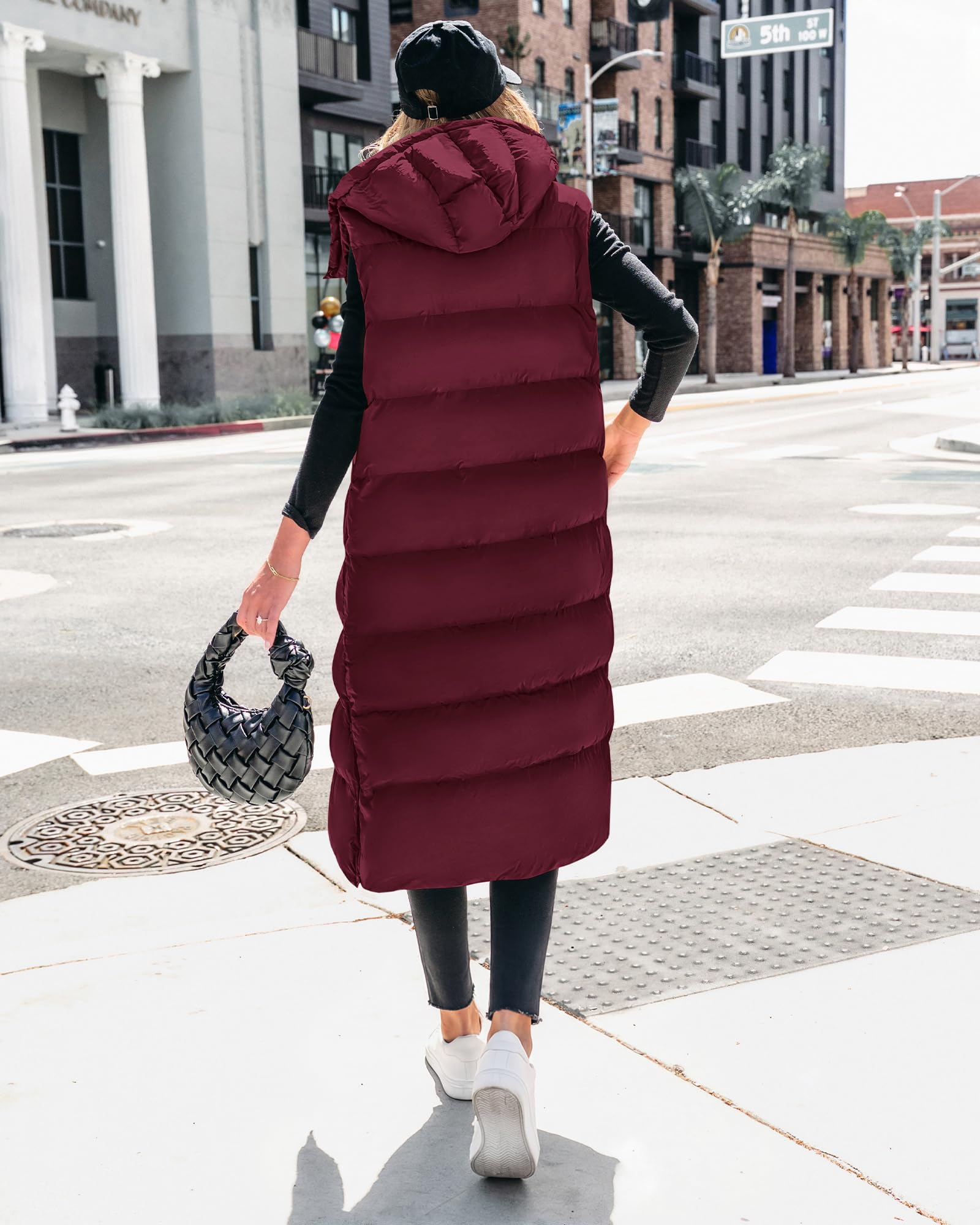 BTFBM Long Puffer Vest Women Quilted Hooded Button Down Zip Up Sleeveless Vests Outerwear Padded Jacket Fall Winter Coat