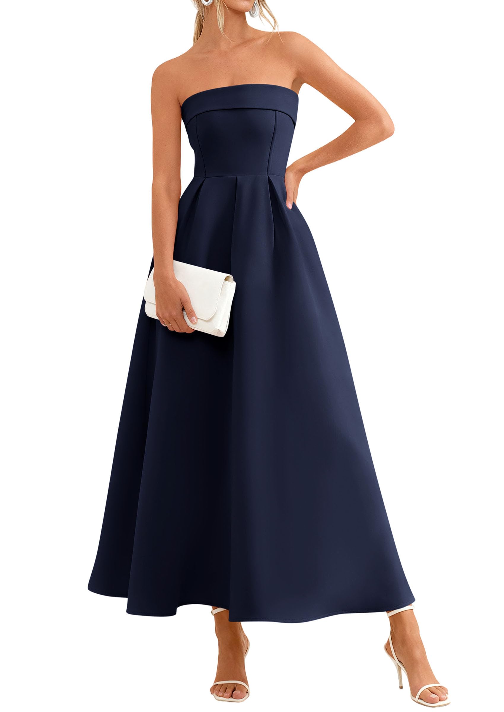 PRETTYGARDEN Cocktail Dresses for Women Summer Formal Elegant Tube Top Strapless Spring Wedding Guest Party Midi Dress