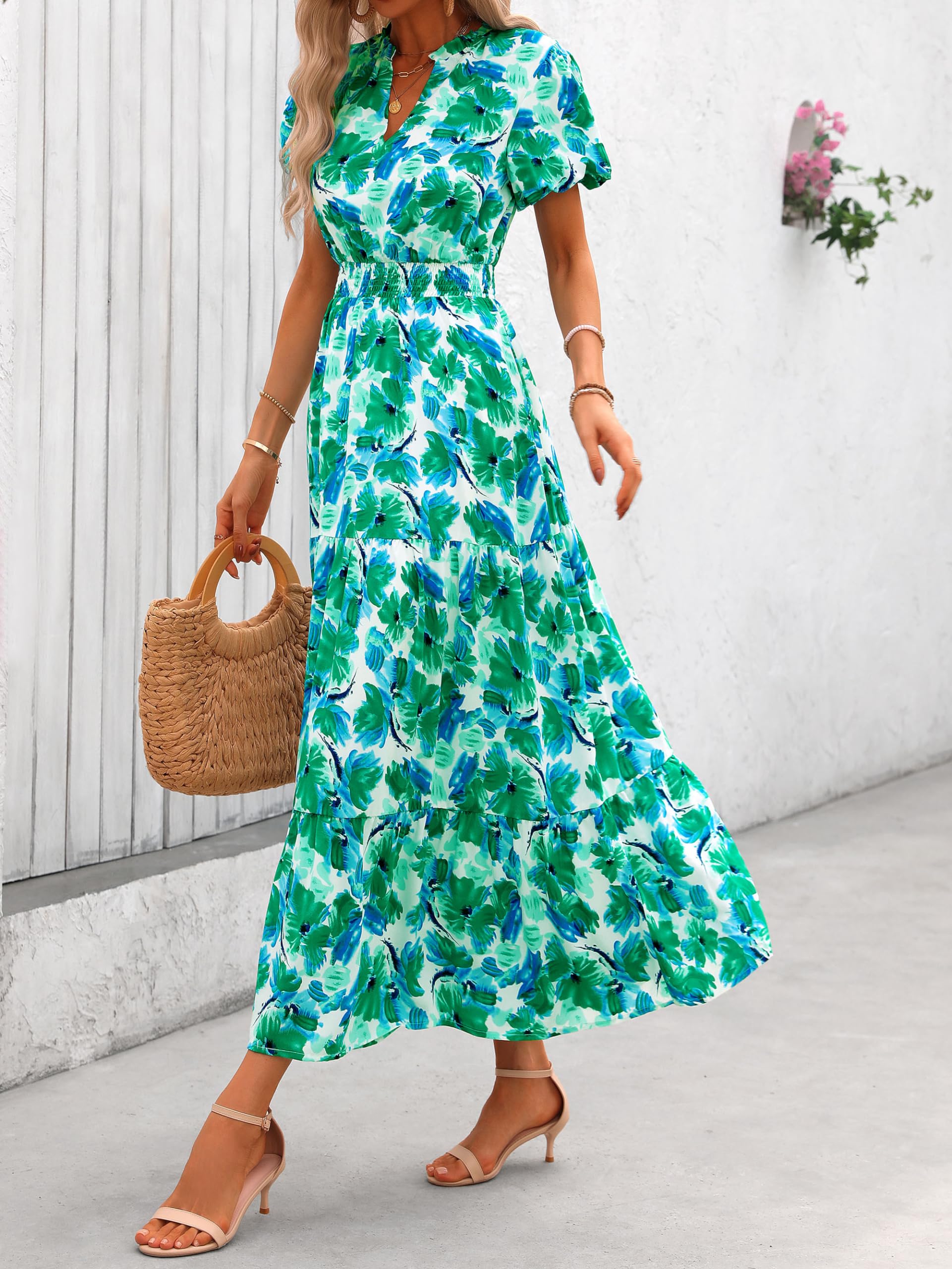 PRETTYGARDEN Summer Maxi Dresses for Women  Casual V Neck Puff Short Sleeve Smocked Flowy Beach Boho Long Floral Dress