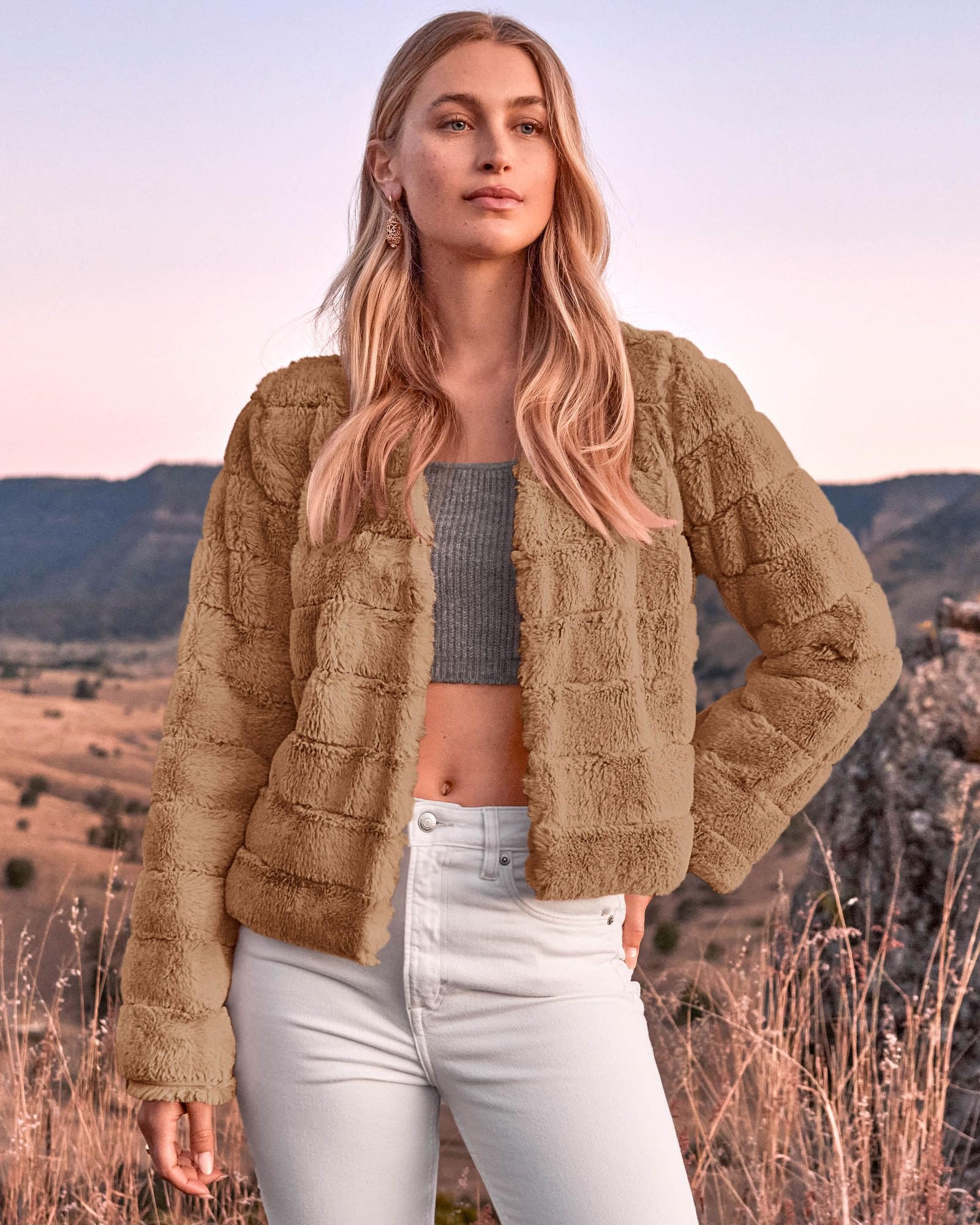 FreshPretty Winter Coats For Women Faux Fur Jacket Soft Long Sleeve Fluffy Open Front Outerwear Fall Outfits