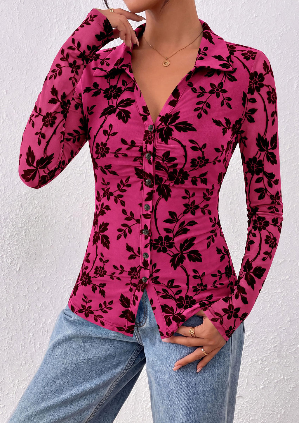 PRETTYGARDEN Women's Long Sleeve Floral Mesh Boho Tops Button Down Shirts Fall Blouses Dressy, Ruched Slim Fit, Collared V Neck, Trendy Going Out Date Night Outfit, Elegant Casual Work Office Clothes
