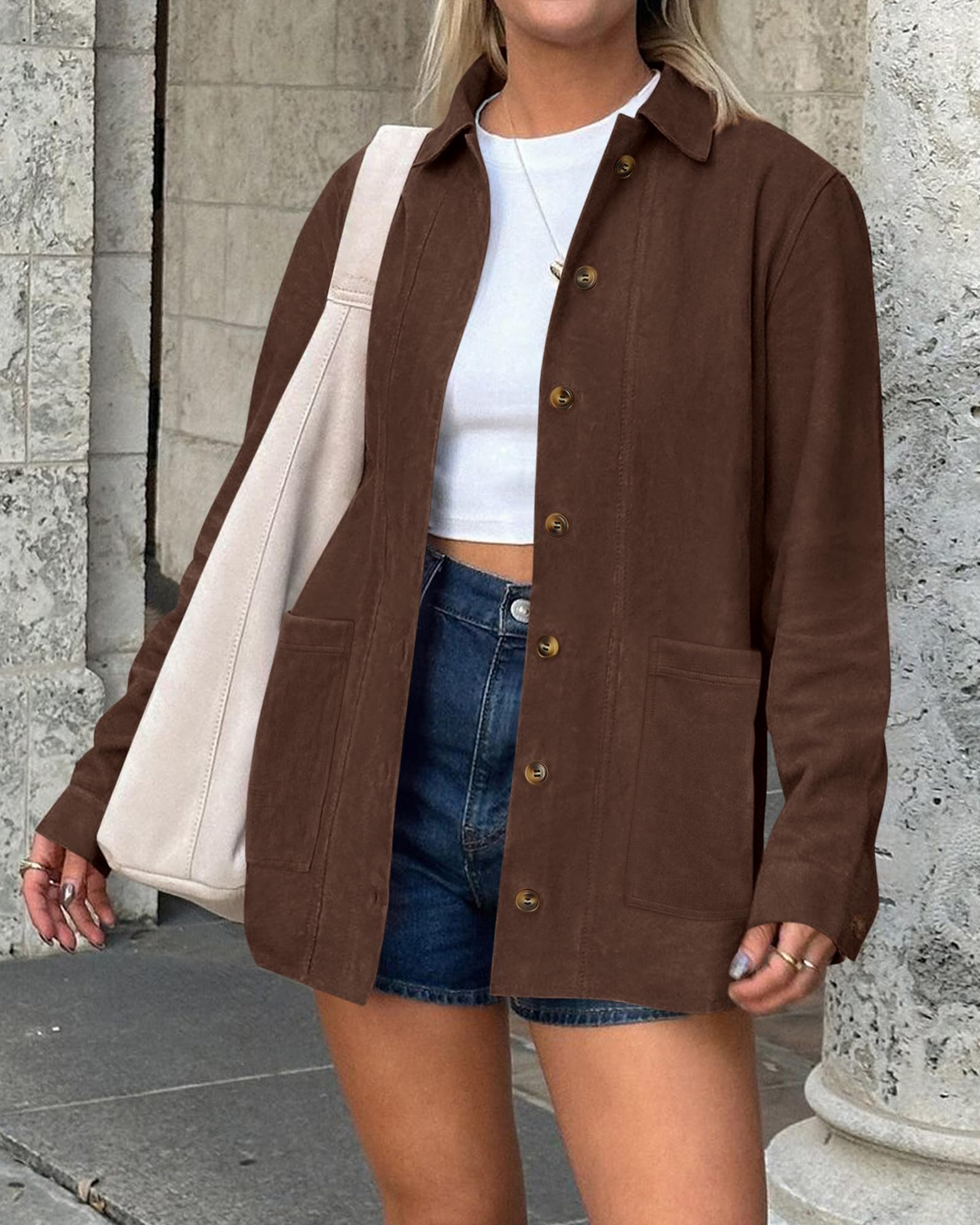 BTFBM Faux Suede Jacket Women Fall Fashion Leather Jackets Long Sleeve Button Down Winter Coats Shackets Outerwear