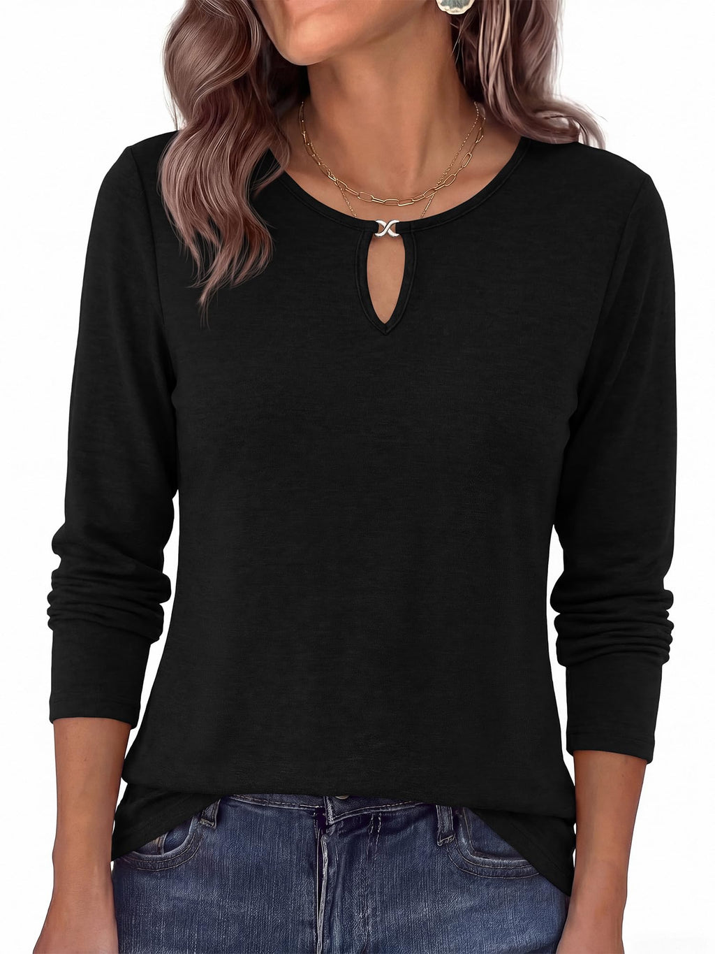 FreshPretty Long Sleeve Shirts for Women Fall Keyhole Crewneck Work Tops,Lightweight Stretchy Soft Knit Tshirt, Business Casual Basic Tees Cute Top,Relaxed Fit Blouse Daily Travel Vacation Outfits