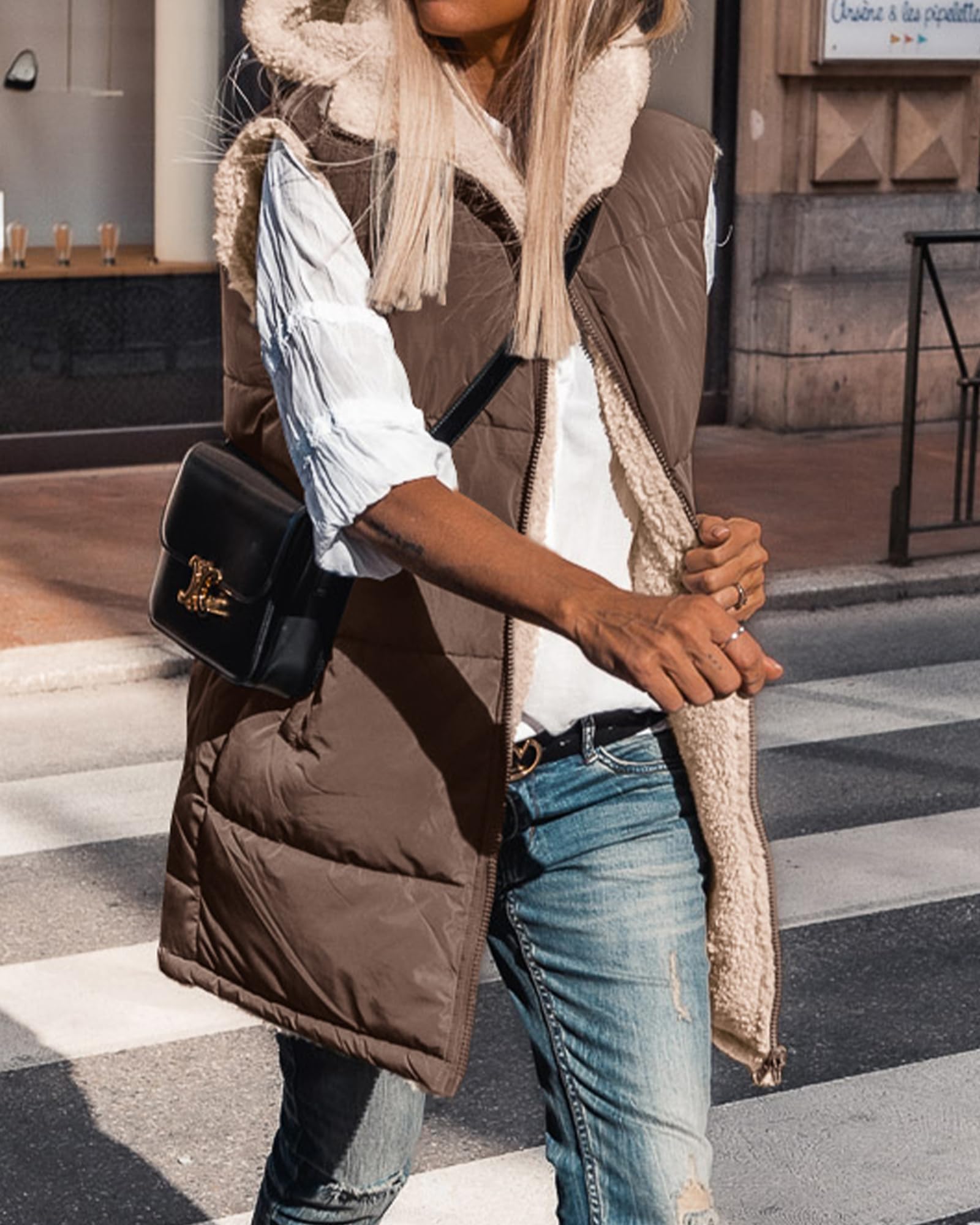 BTFBM Long Puffer Vest Women Fleece Sherpa Jacket Sleeveless Hooded Reversible Zip Up Winter Coat Fall Vests Outerwear