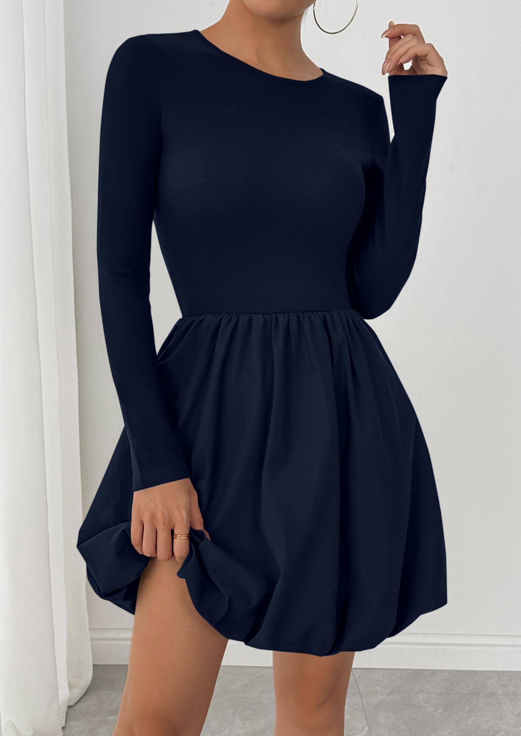 PRETTYGARDEN Fall Dresses for Women Casual Long Sleeve Bubble Cute Crew Neck A Line Mini Short Dress with Pockets