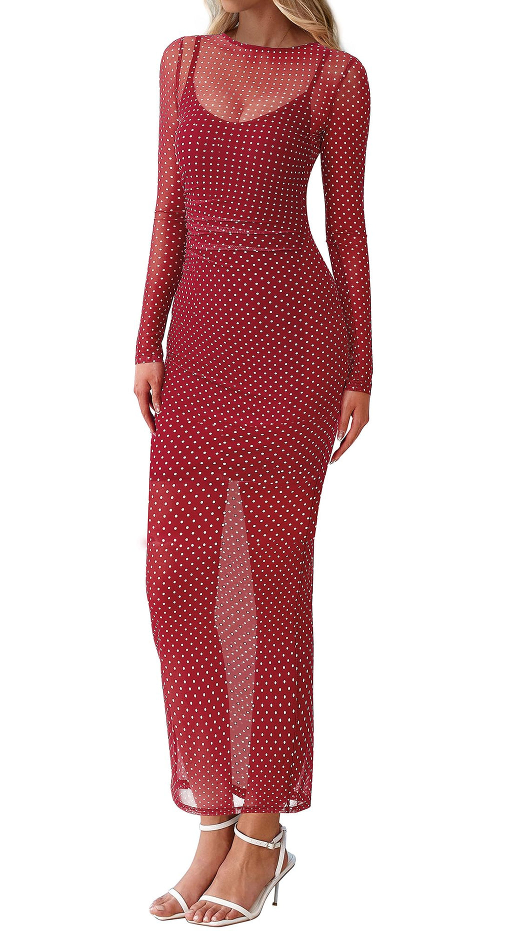 BTFBM Spring Dresses for Women 2 Piece Set Long Sleeve Polka Dot Sexy Bodycon Mesh Dress and Slip Dress Wedding