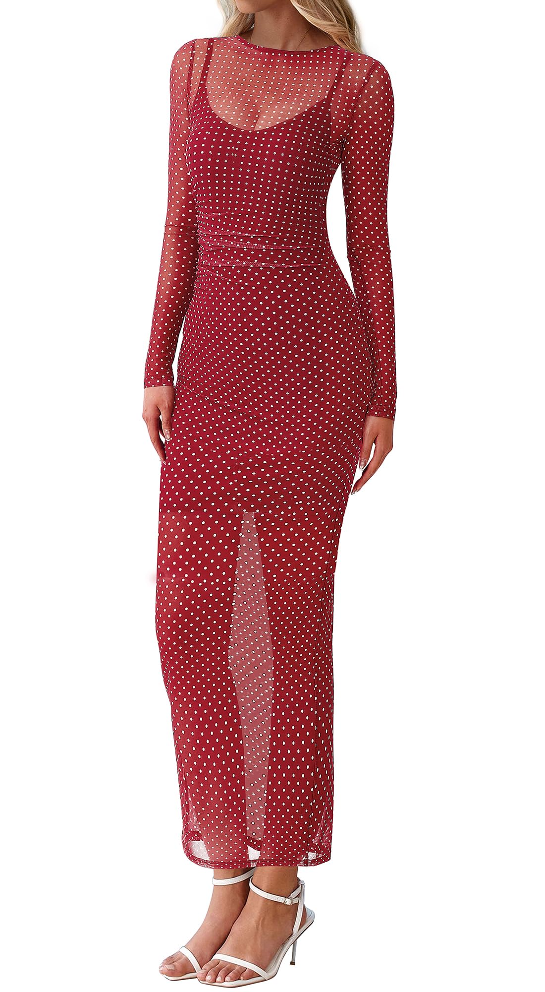 BTFBM Spring Dresses for Women 2 Piece Set Long Sleeve Polka Dot Sexy Bodycon Mesh Dress and Slip Dress Wedding