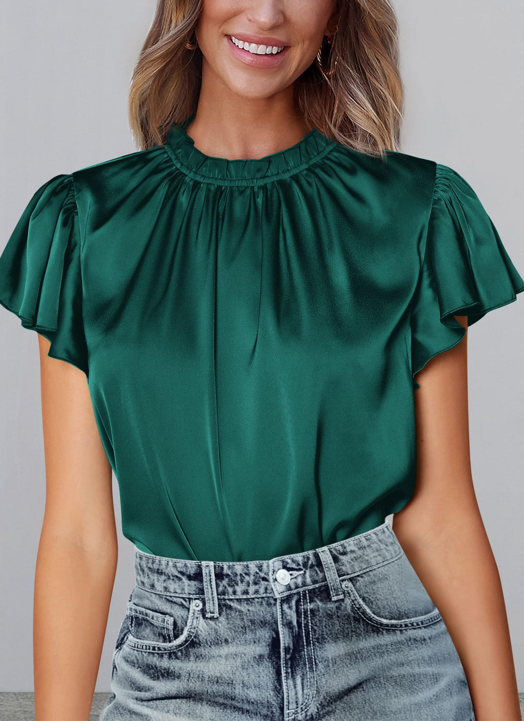 PRETTYGARDEN Business Casual Tops for Women Blouses Dressy  Summer Short Sleeve Ruffle Satin Work Office Attire