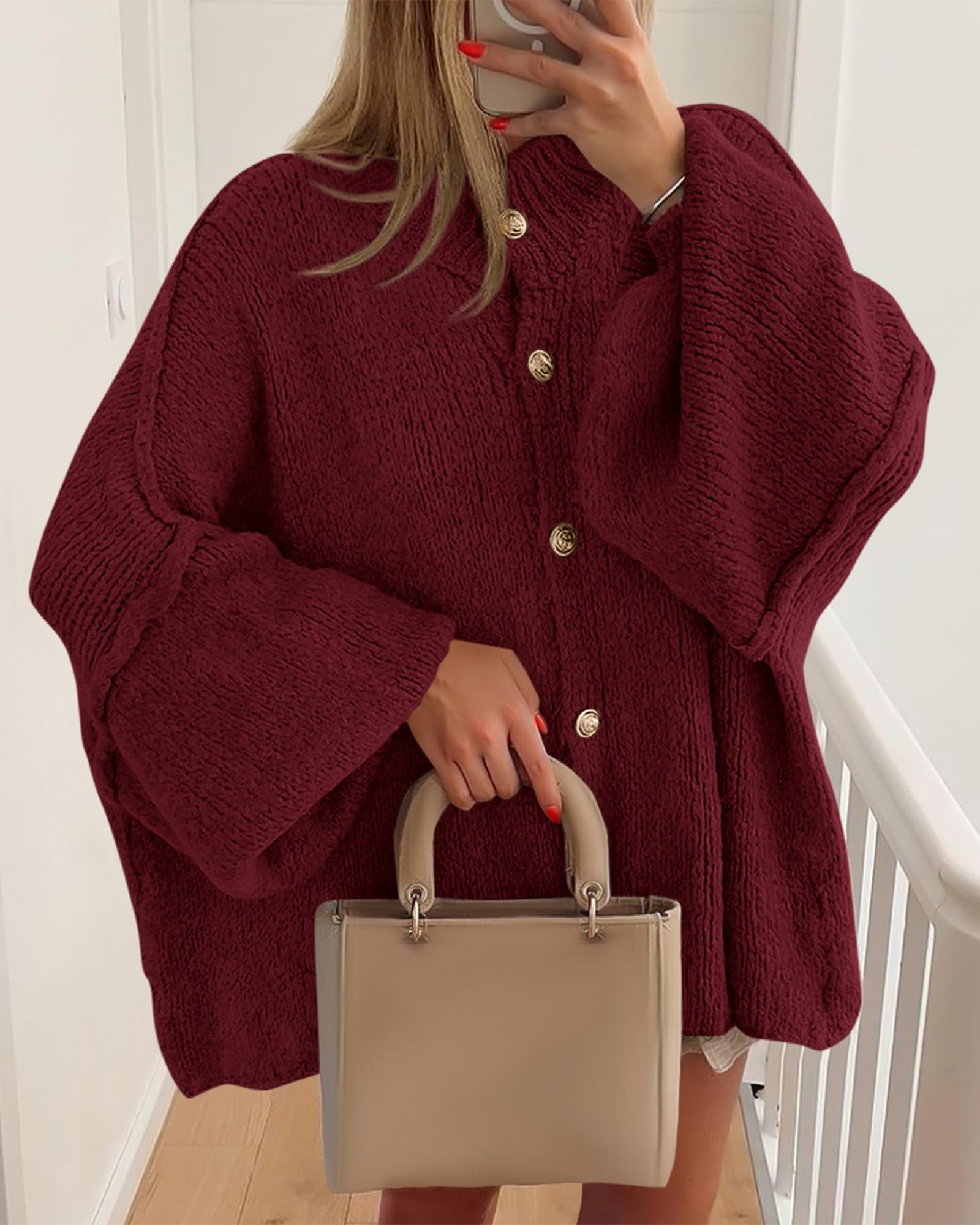 BTFBM Cardigan Sweaters for Women Fall Clothes Lantern Long Sleeve Button Open Front Chunky Knit Oversized Sweater