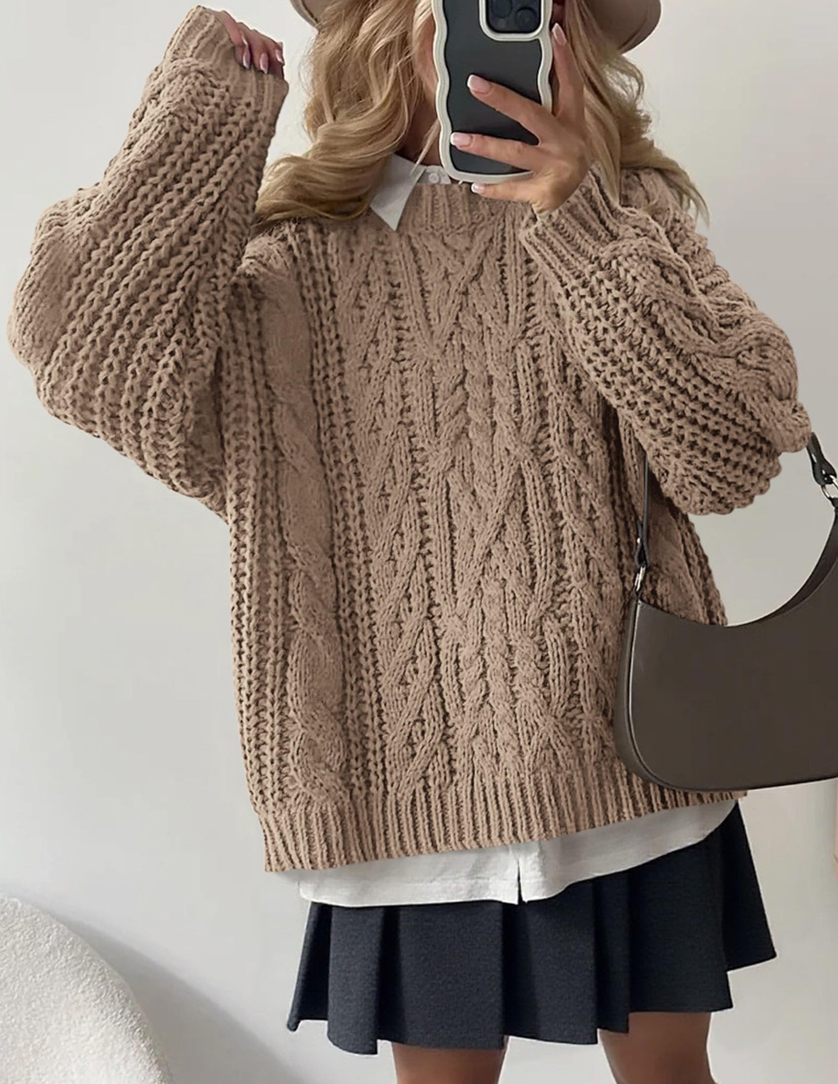 PRETTYGARDEN Women's Oversized Fall Sweaters Casual Long Sleeve Crewneck Chunky Cable Knit Pullover Tops Winter Clothes