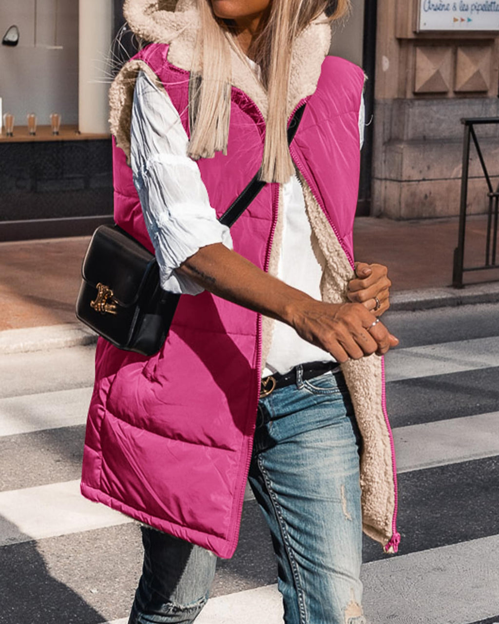 BTFBM Long Puffer Vest Women Fleece Sherpa Jacket Sleeveless Hooded Reversible Zip Up Winter Coat Fall Vests Outerwear