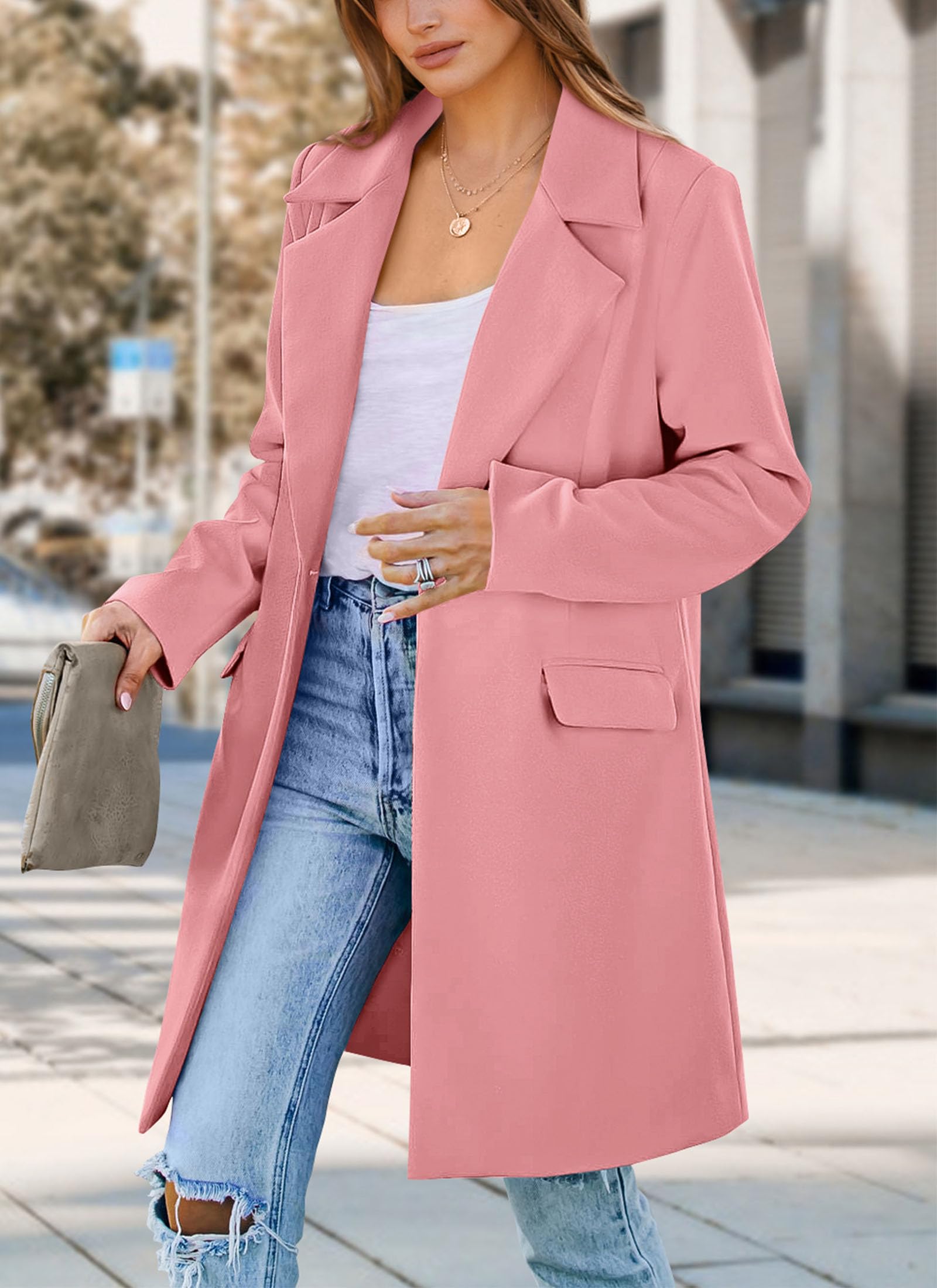 PRETTYGARDEN Women's Spring Fall Long Blazer Jackets Long Sleeve Lapel Pockets Loose Fit Work Casual Blazers Outerwear