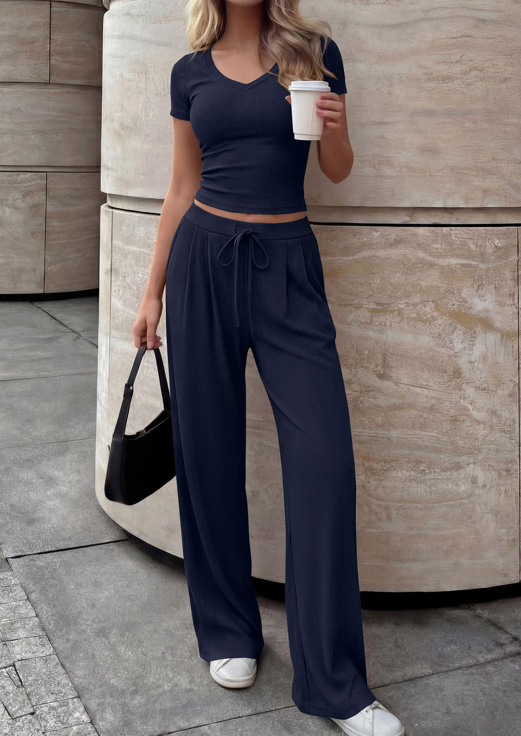 PRETTYGARDEN 2 Piece Sets for Women Summer Spring Lounge Set Matching V Neck Tops Wide Leg Pants Airport Travel Outfits