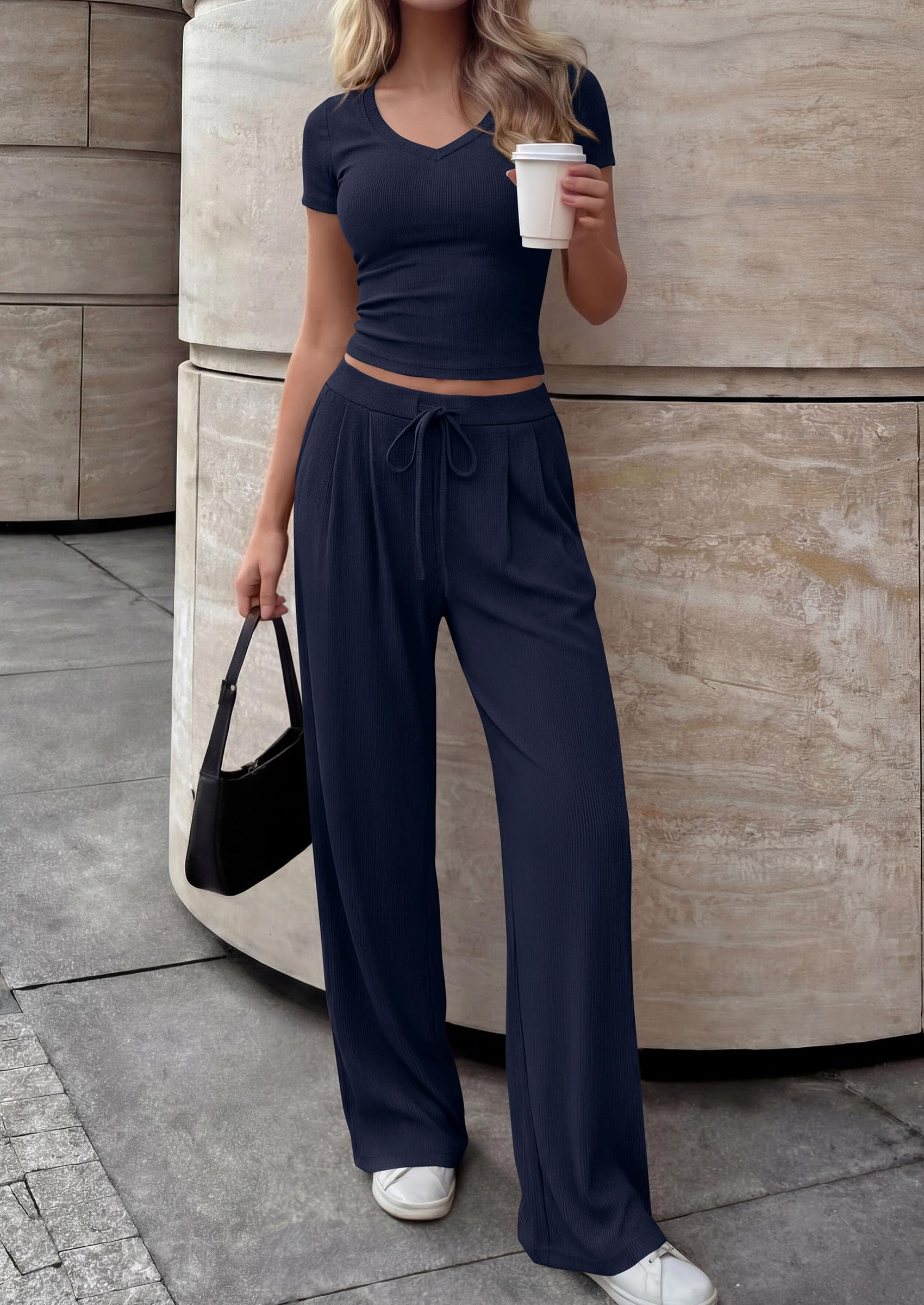PRETTYGARDEN 2 Piece Sets for Women Summer Spring Lounge Set Matching V Neck Tops Wide Leg Pants Airport Travel Outfits