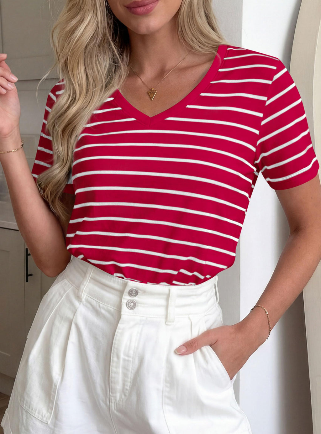 PRETTYGARDEN Short Sleeve Shirts for Women Spring V Neck Cute Tops Casual Striped Shirt Knitted Tees Summer Outfits