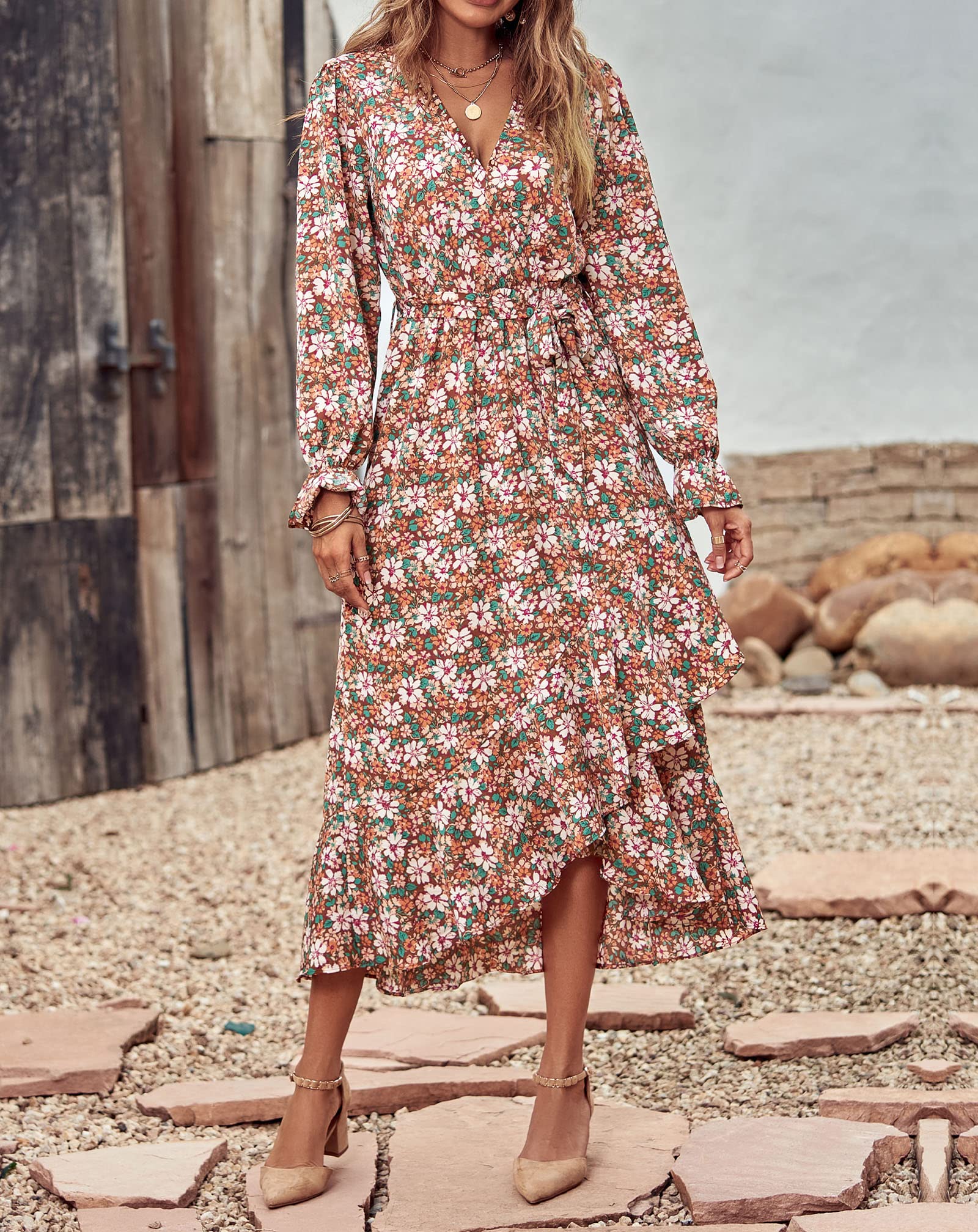 BTFBM Womens Dresses Summer V Neck Floral High Waist Ruffle Wedding Guest Cocktail Boho Spring Long Sleeve Dress