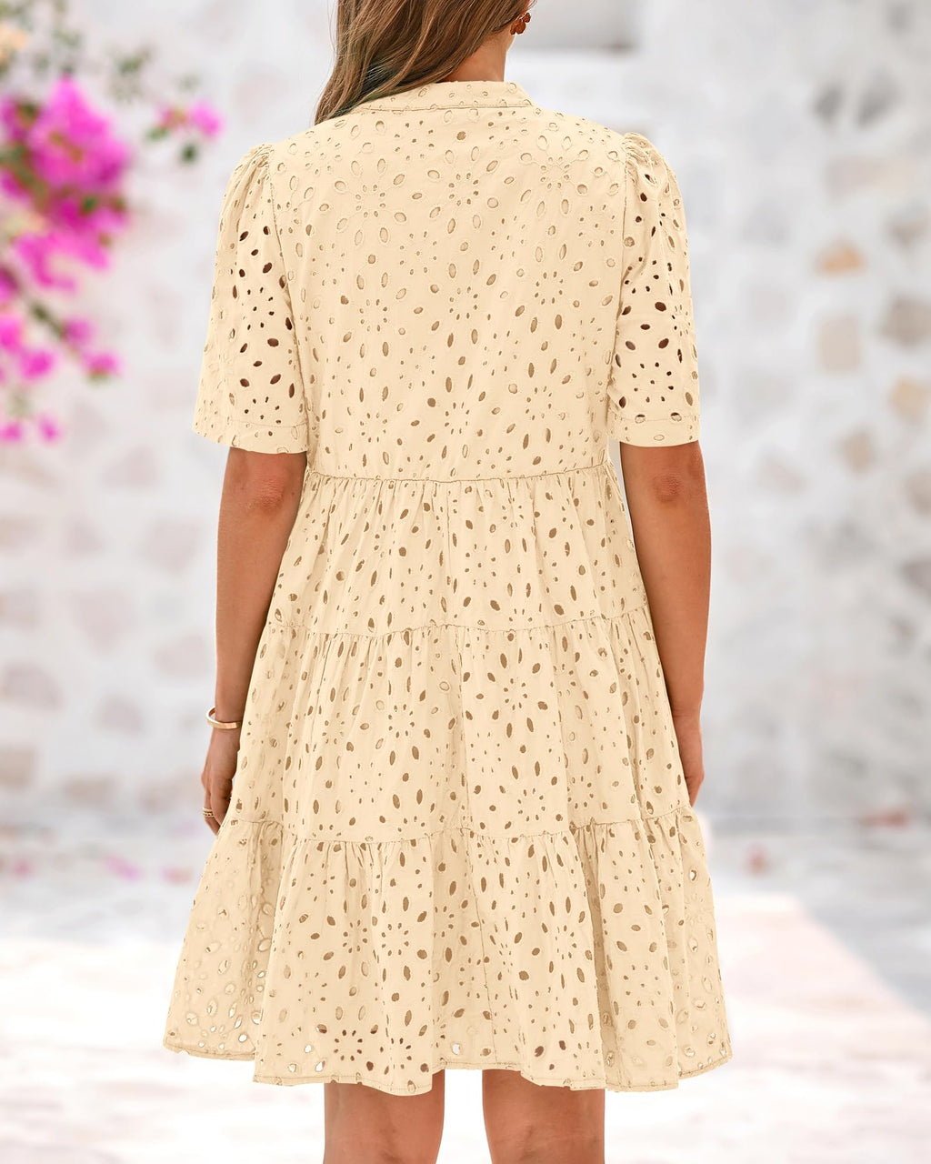 BTFBM Womens Boho Summer Dresses Spring V Neck Short Sleeve Hollow Out Lace Ruffle Casual Beach Mini Vacation Dress