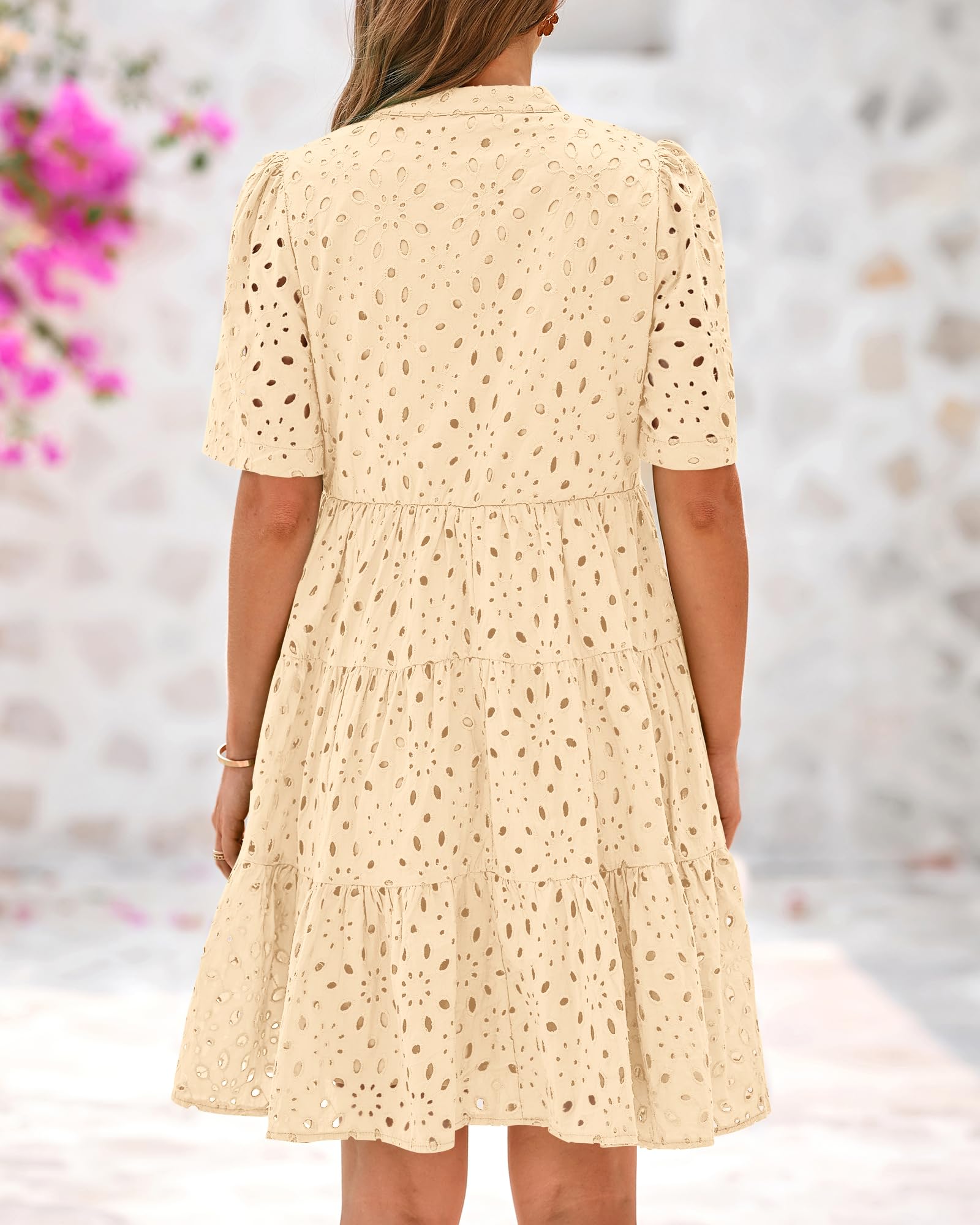 BTFBM Womens Boho Summer Dresses Spring V Neck Short Sleeve Hollow Out Lace Ruffle Casual Beach Mini Vacation Dress