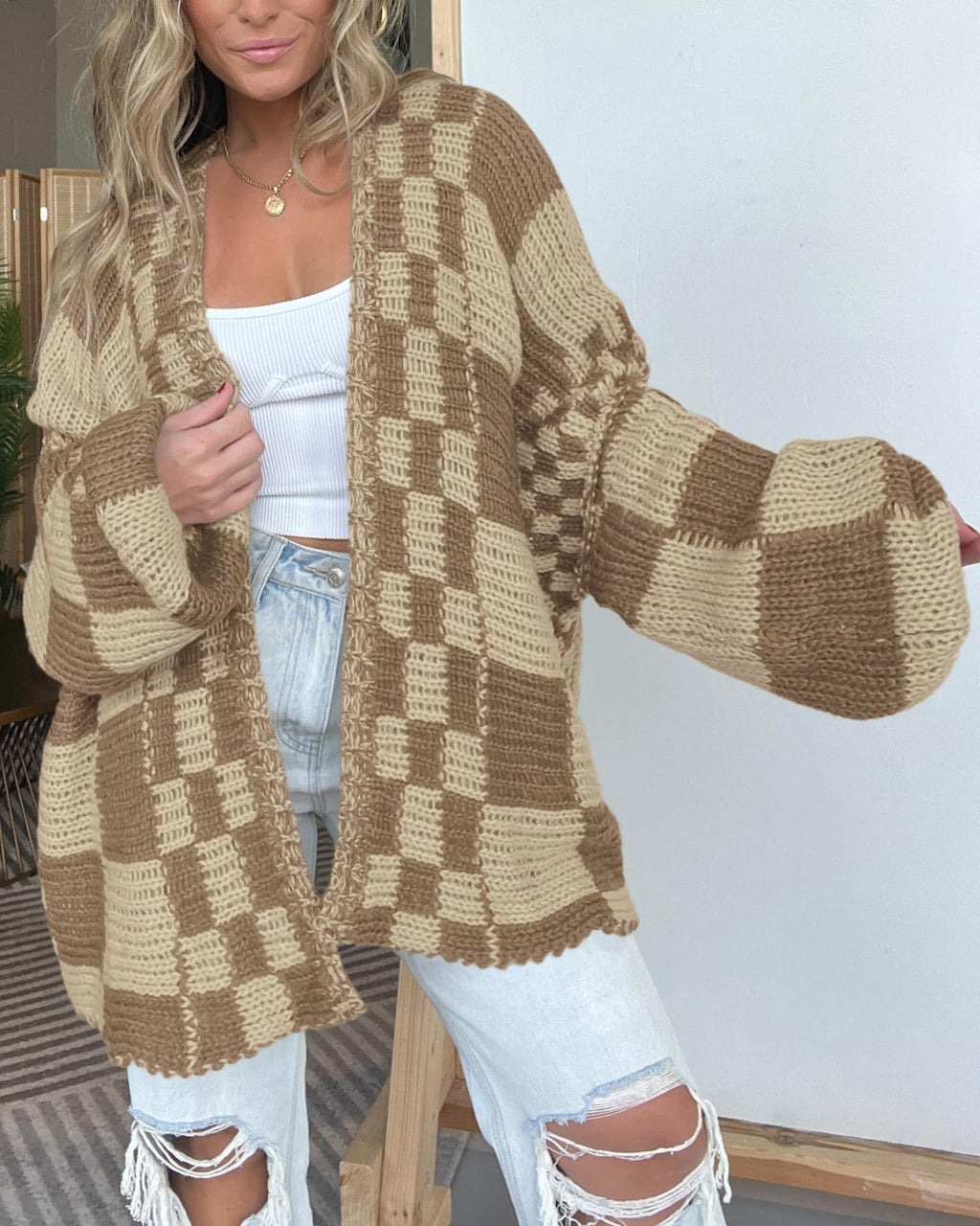 FreshPretty Casual Cardigan Sweater for Women Fall Long Sleeve Open Front Chunky Knit Sweaters Checkered Outwear Coat