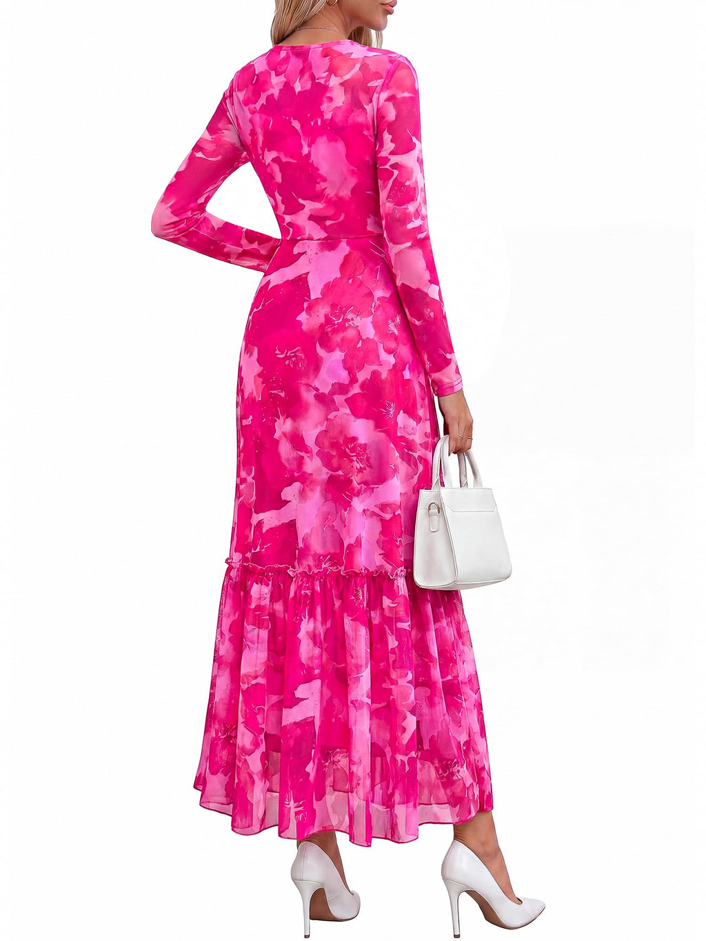 BTFBM Boho Mesh Long Sleeve Dress for Women | Mock Neck, Floral, A Line, Tiered, Graduation, Wedding, Cocktail Maxi Dresses, Fall Fashion, Resort Wear