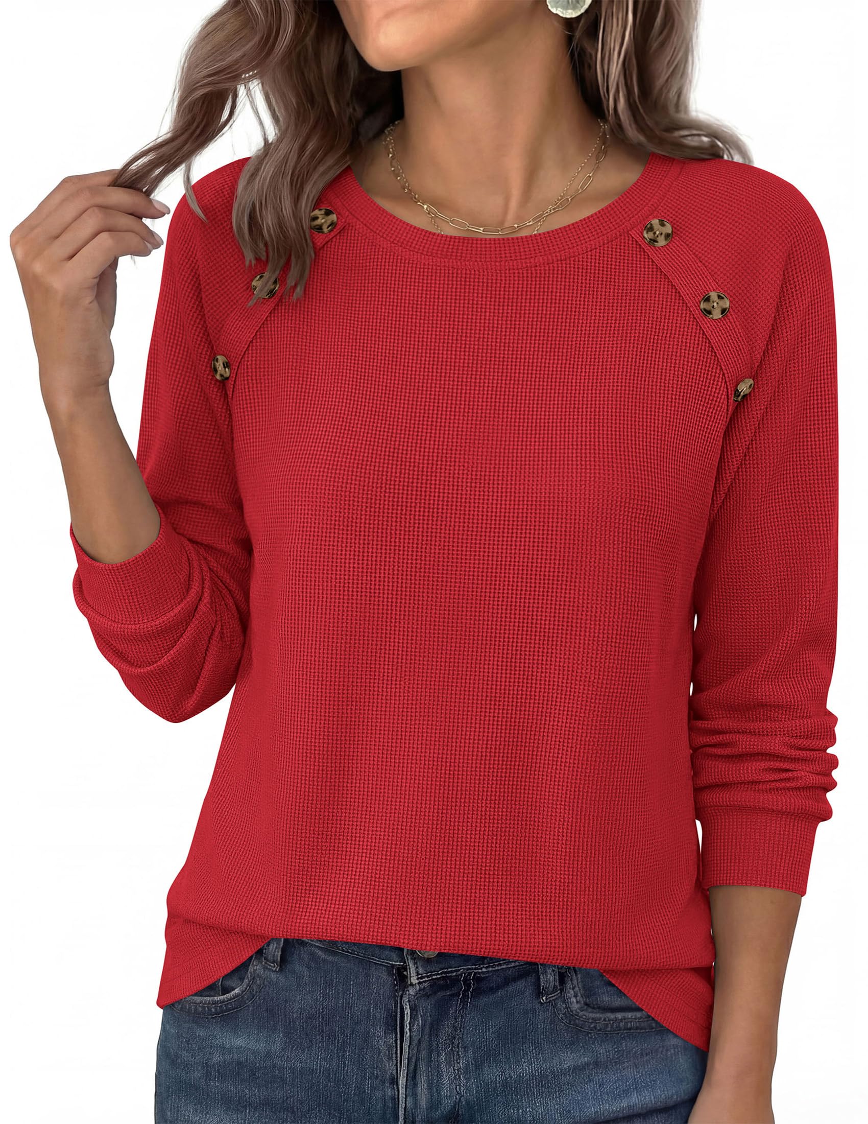 PRETTYGARDEN Long Sleeve Shirts for Women Waffle Knit Tops Fall Fashion Dressy Casual Loose Tunic Blouse Winter Clothing