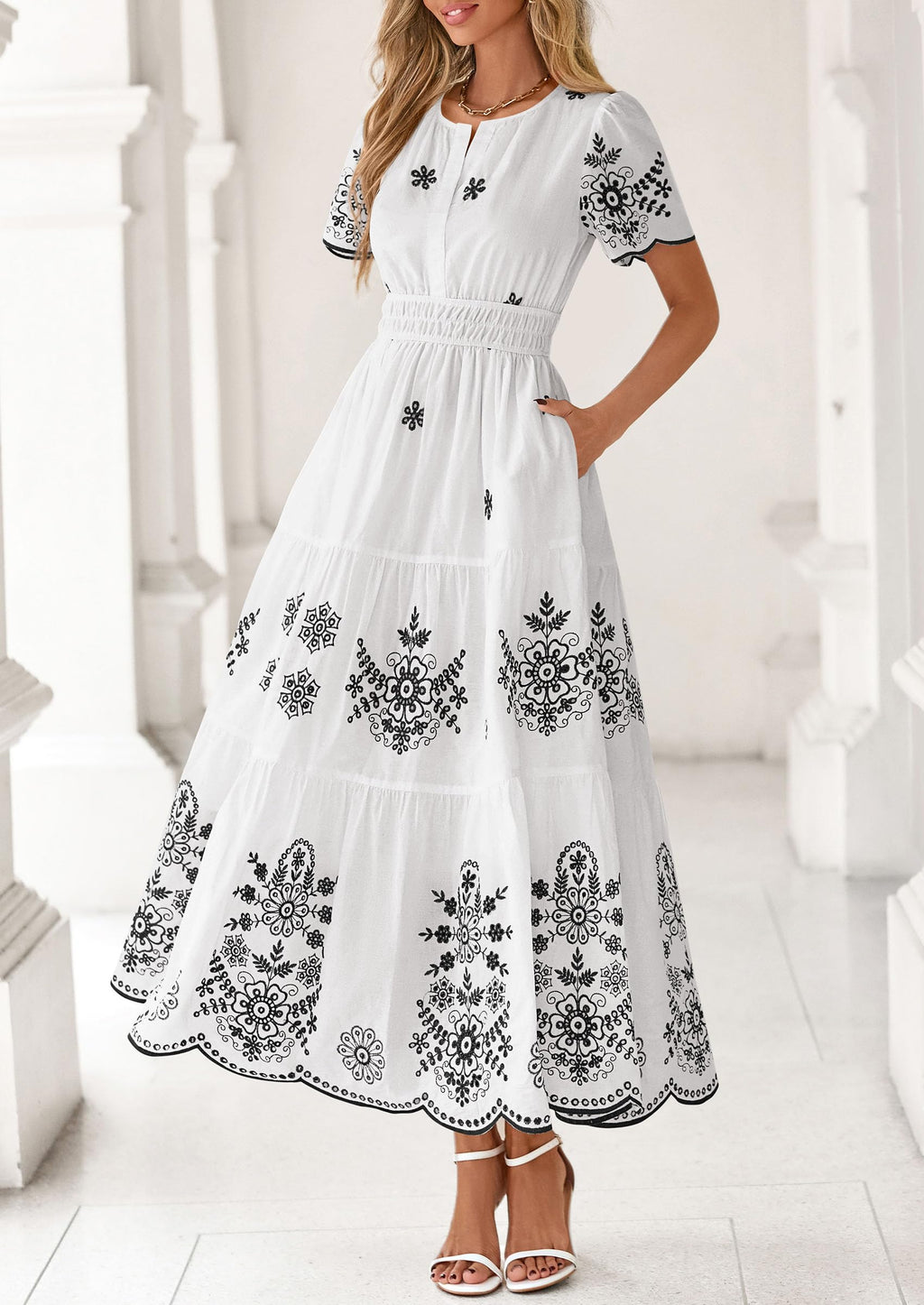 PRETTYGARDEN Boho Dresses for Women Summer Spring Casual Floral Short Sleeve V Neck Maxi Elastic Waist Dress Pockets