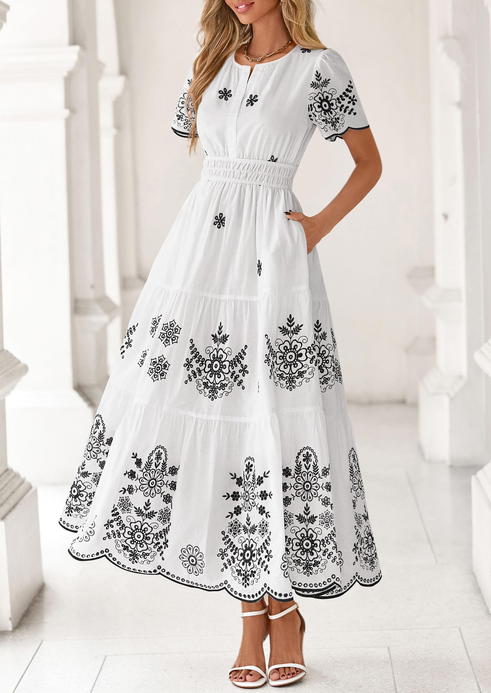 PRETTYGARDEN Boho Dresses for Women Summer Spring Casual Floral Short Sleeve V Neck Maxi Elastic Waist Dress Pockets