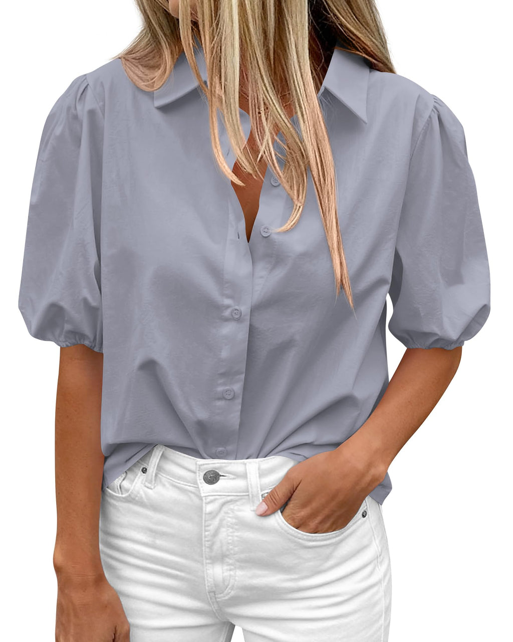 BTFBM Women's Button Down Shirts Short Puff Sleeve Collared V Nec Summer Tops Dressy Casual Work Business Blouses