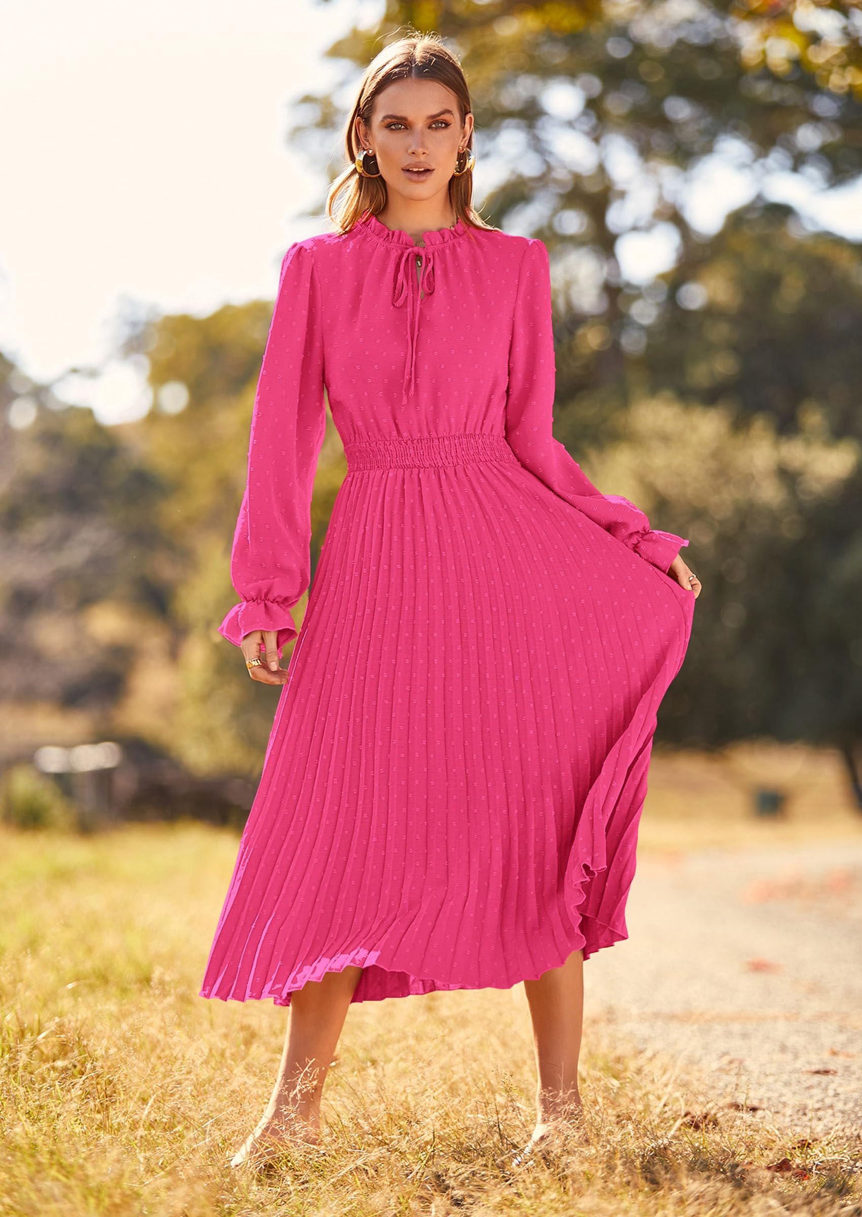 PRETTYGARDEN Women's Spring Fall Midi Dress Casual Long Sleeve V Neck Swiss Dot Pleated A Line Flowy Dresses