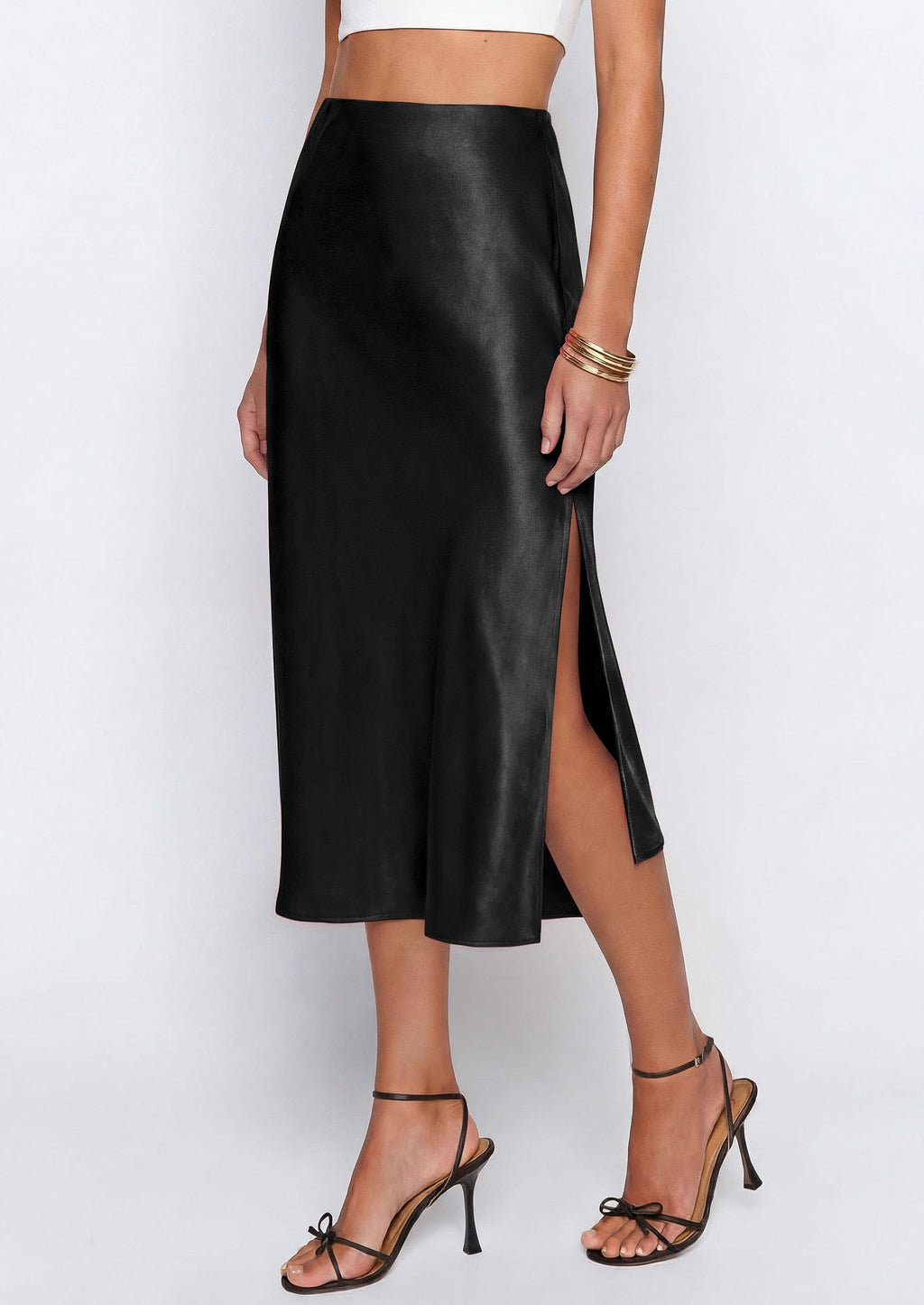 PRETTYGARDEN Womens Satin Skirt Summer Silk Business Casual High Waisted A Line Flowy Work Wedding Cocktail Midi Skirts