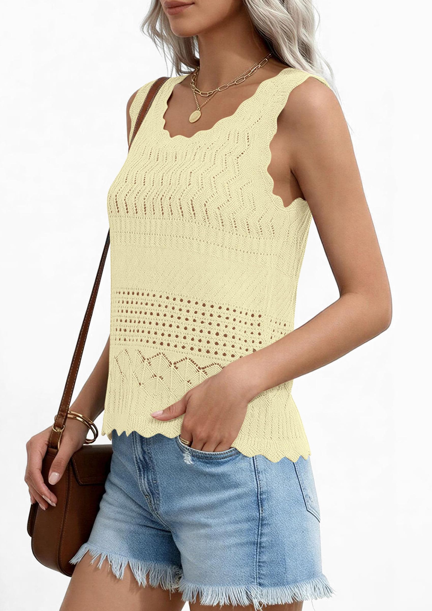 PRETTYGARDEN Womens Crochet Tank Tops Summer Spring Boho Sleeveless Cute Knit Sweater Vest Trendy Beach