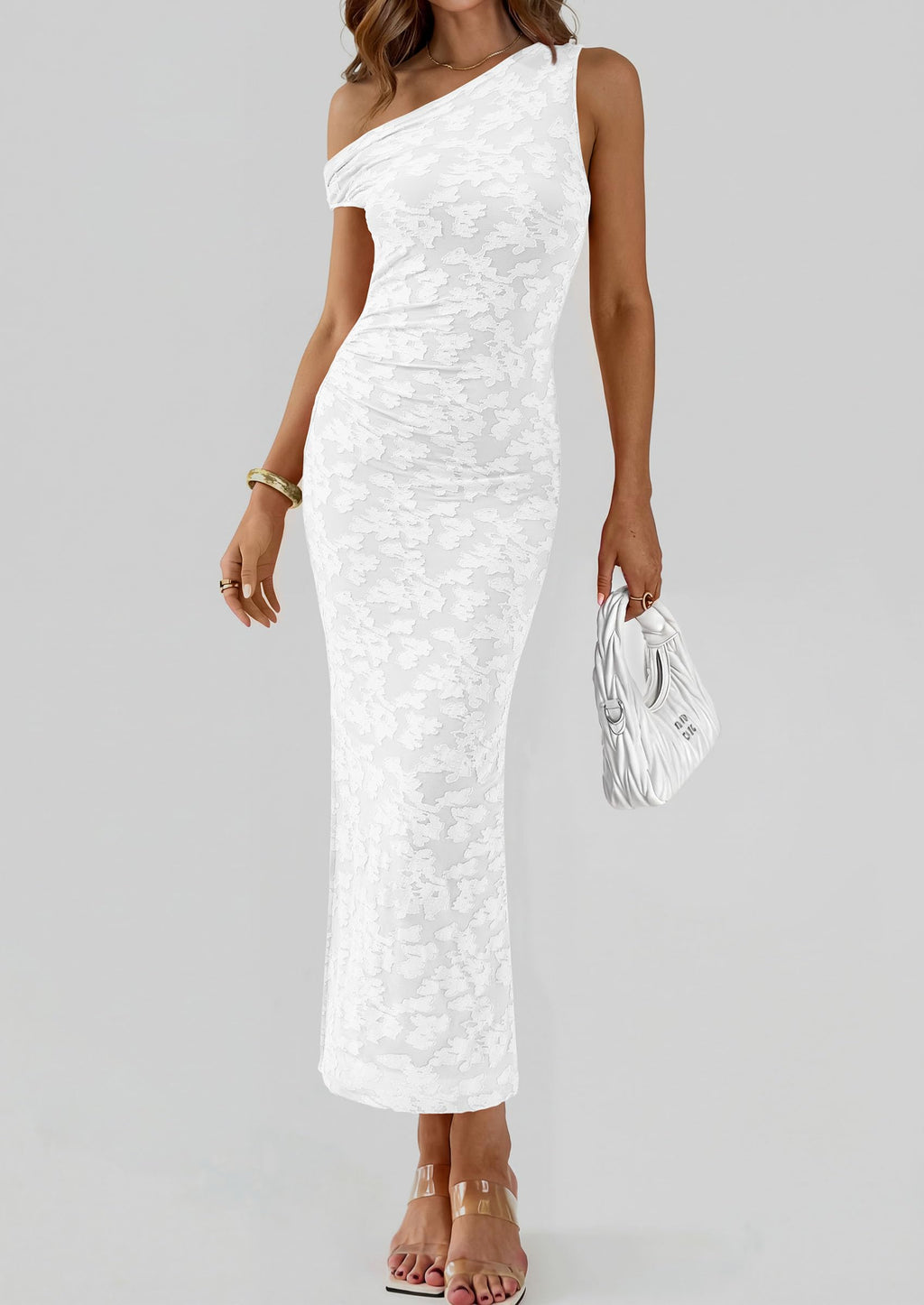 PRETTYGARDEN Womens Floral One Shoulder Maxi Dress Summer Spring Bodycon Ruched Side Slit Elegant Cocktail Party Dresses