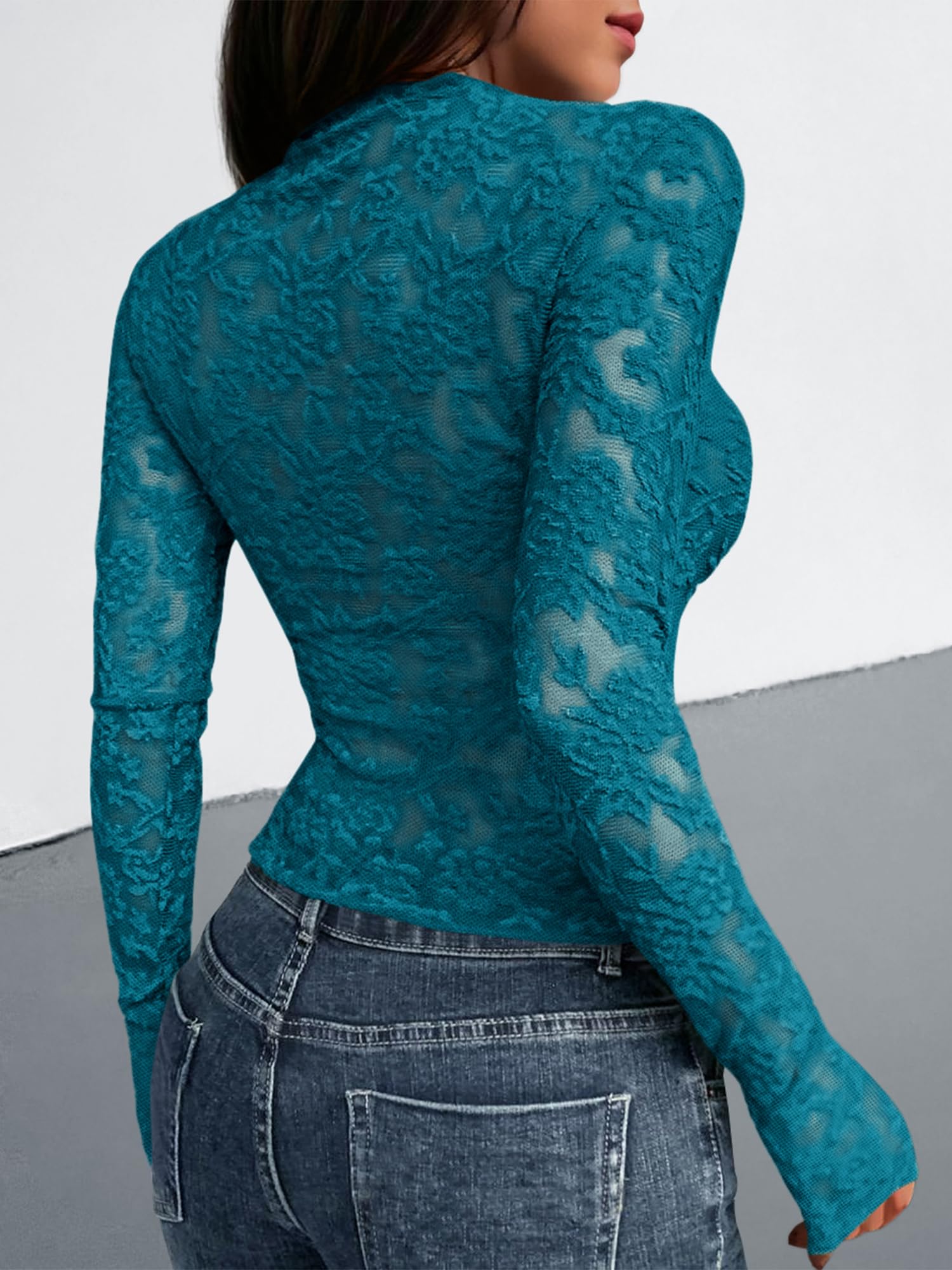 BTFBM Mesh Long Sleeve Tops for Women Lace Sheer Tight See Through Crew Neck Spring Fall Party Club Outfits