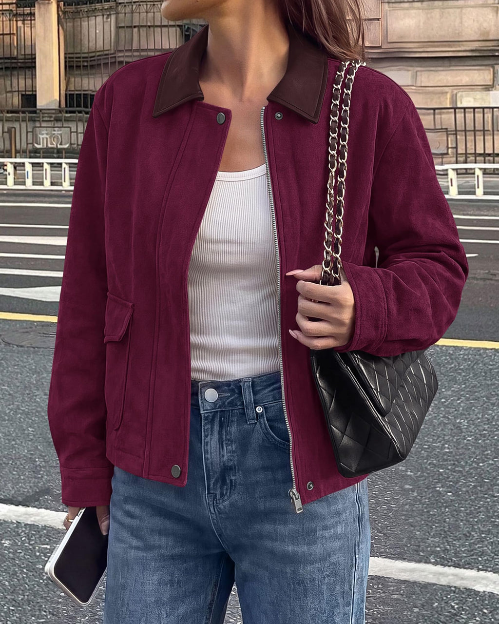BTFBM Faux Suede Jacket Women Leather Lapel Zip Up Fall Outfits Button Down Long Sleeve Outerwear With Flap Pockets, Early Winter Coats, Motorcycle Jackets, Western Country Concert Outfits