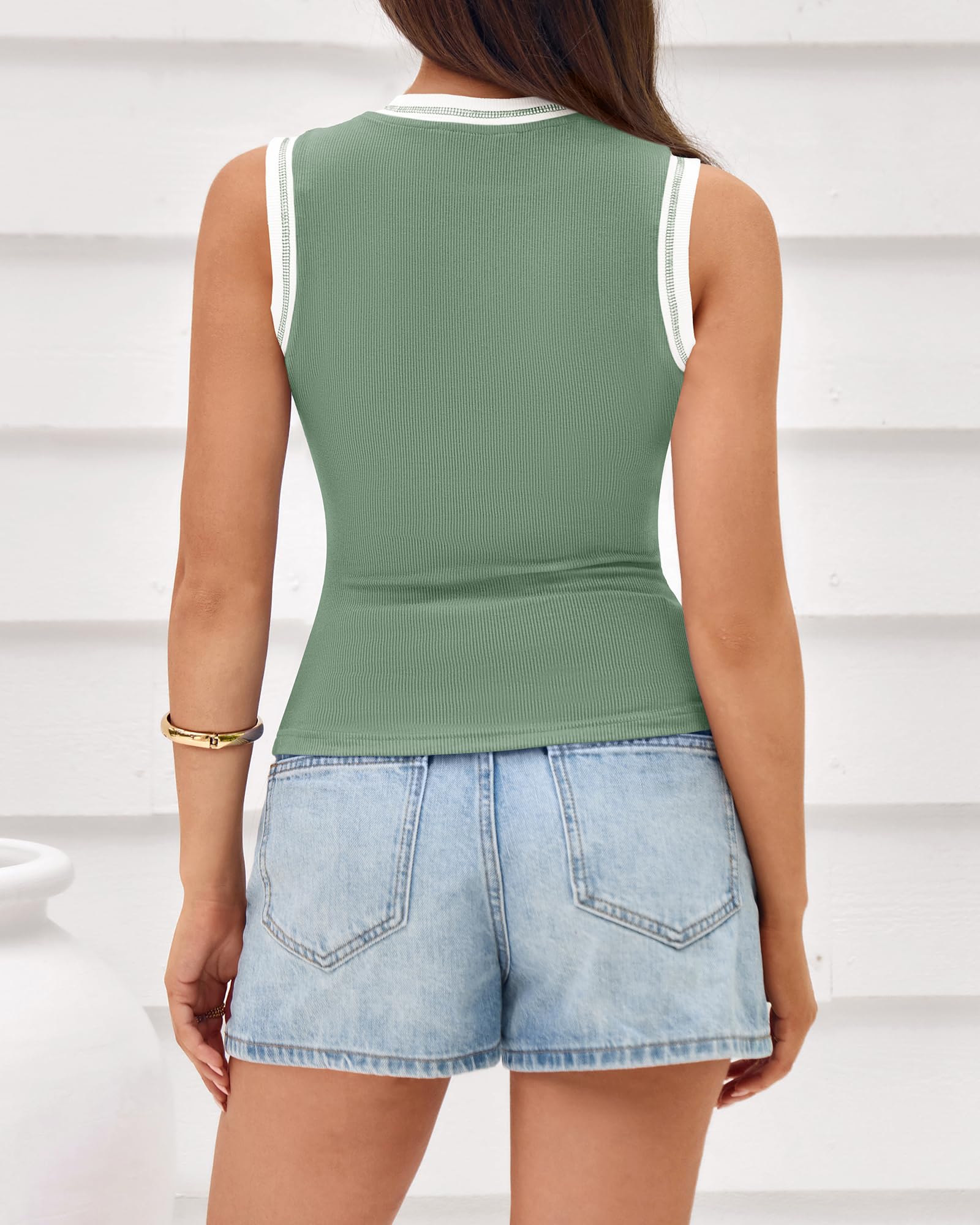 FreshPretty Crew Neck Tank Top for Women Sleeveless Ribbed Contrasting Slim Fitted Y2k Casual Basic Shirts Spring Summer Tops