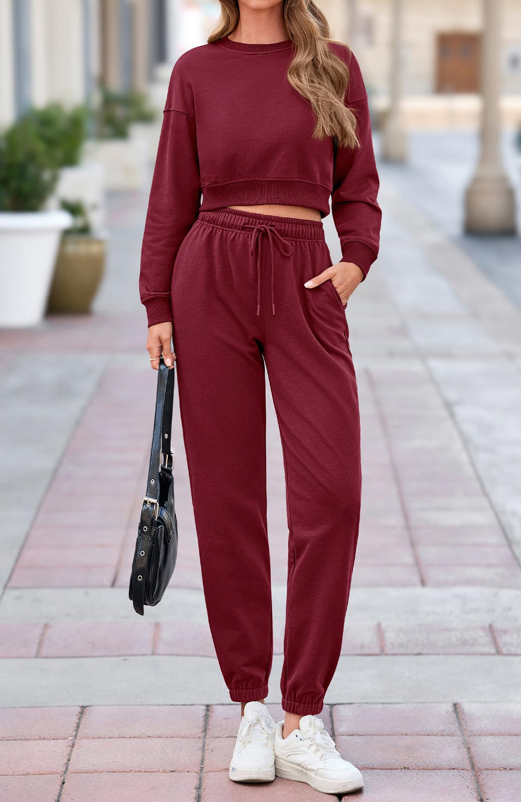 BTFBM Women 2 Piece Outfits Long Sleeve Crop Top Pullover Drawstring Pant Jogger Set Casual Sweatsuits Tracksuit Pockets