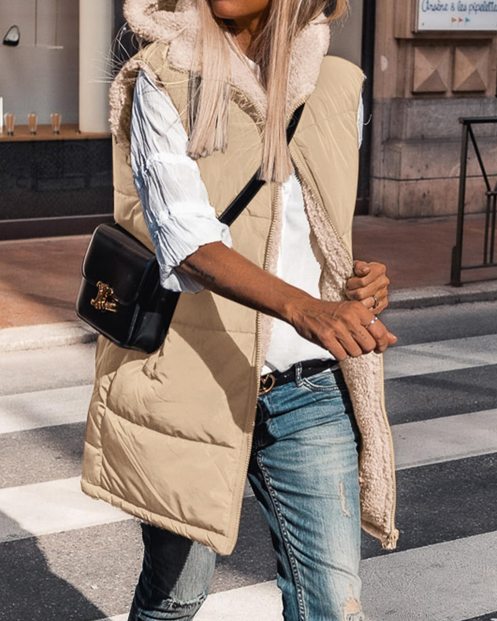 BTFBM Long Puffer Vest Women Fleece Sherpa Jacket Sleeveless Hooded Reversible Zip Up Winter Coat Fall Vests Outerwear