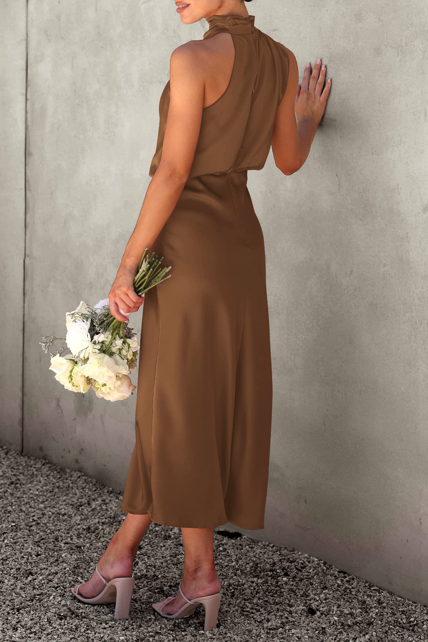 PRETTYGARDEN Women's Summer Satin Dress Elegant Sleeveless Mock Neck Cocktail Party Maxi Dresses