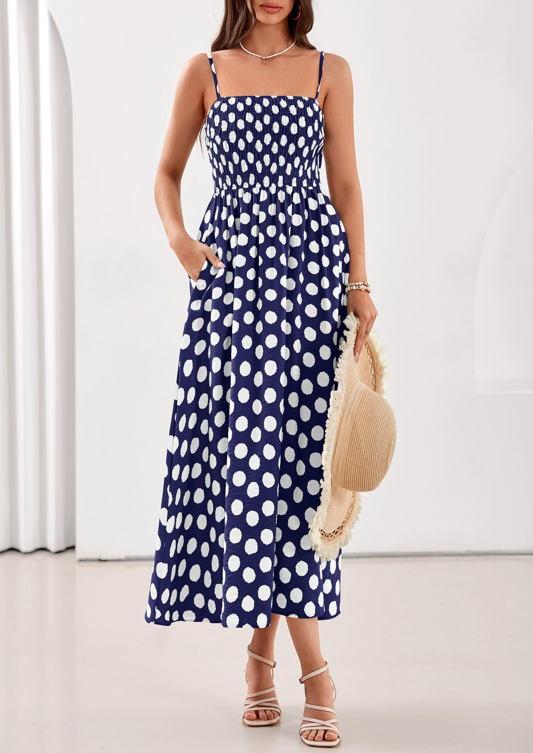 PRETTYGARDEN Womens Polka Dot Dress Summer Sleeveless Spaghetti Straps Smocked Sun Dress Flowy Spring Beach Midi Dresses