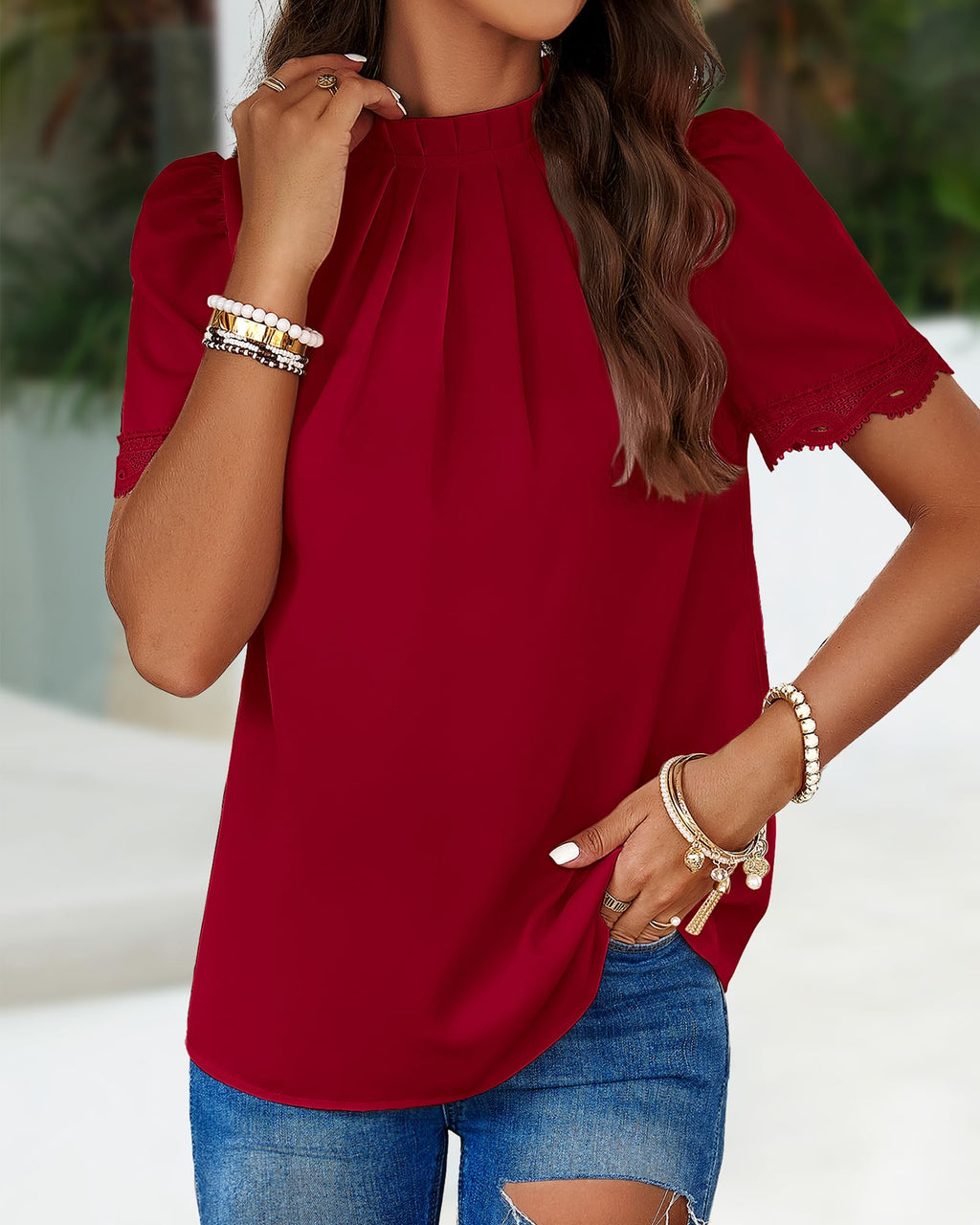 FreshPretty Women's Dressy Casual Blouses Business Work Tops Lace Trim Short Sleeve Office Shirts Summer Spring Outfits