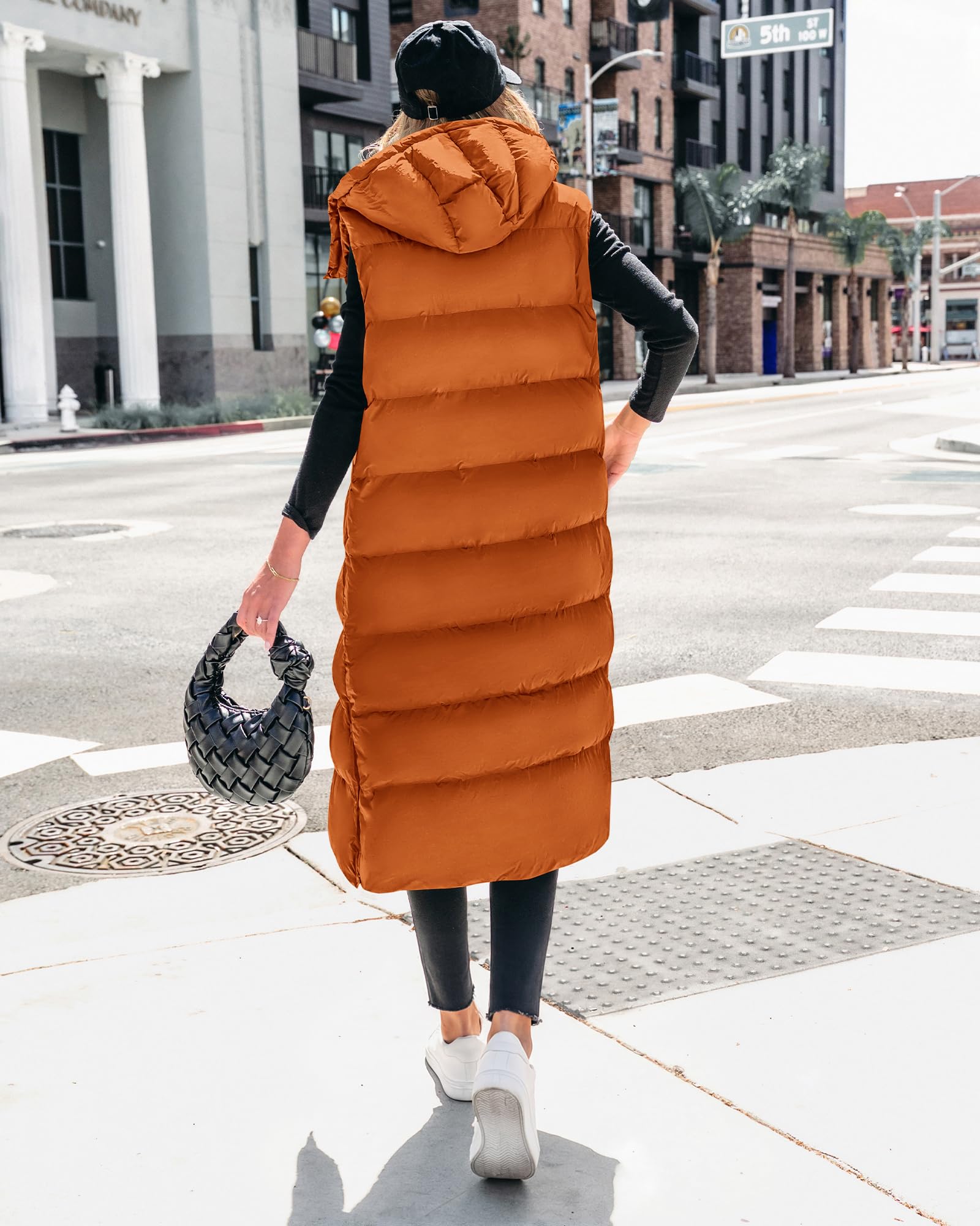 BTFBM Long Puffer Vest Women Quilted Hooded Button Down Zip Up Sleeveless Vests Outerwear Padded Jacket Fall Winter Coat