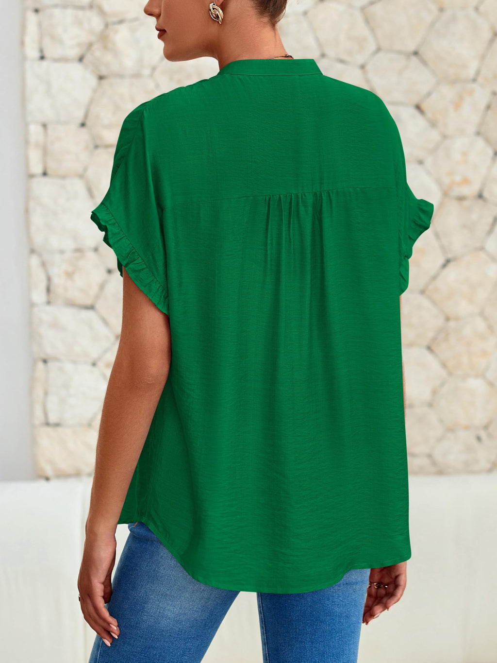 FreshPretty Womens Button Down Shirts Ruffle Short Sleeve Loose Summer Tops Dressy Casual V Neck Business Work Blouses