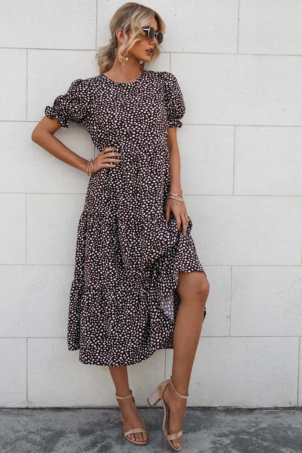 PRETTYGARDEN Summer Dresses for Women Casual Floral Boho Midi Sun Dress Puff Short Sleeve Flowy Beach Vacation Sundress