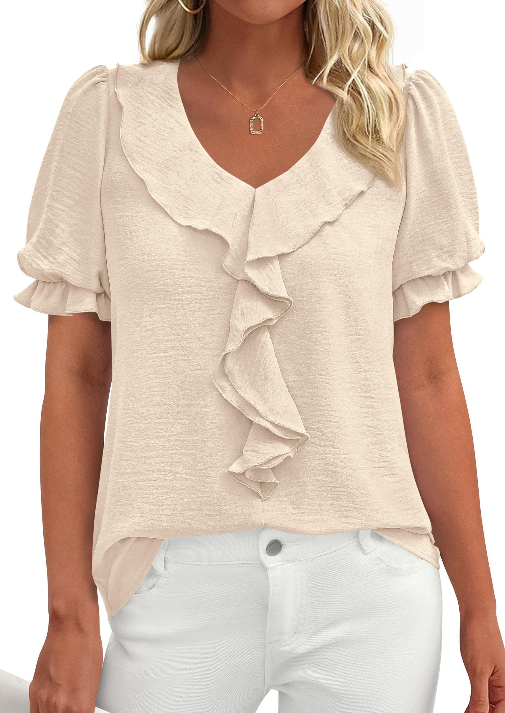 PRETTYGARDEN Women's Summer Dressy Casual Blouses Short Sleeve V Neck Ruffle Business Work Tops Trendy Spring Outfits