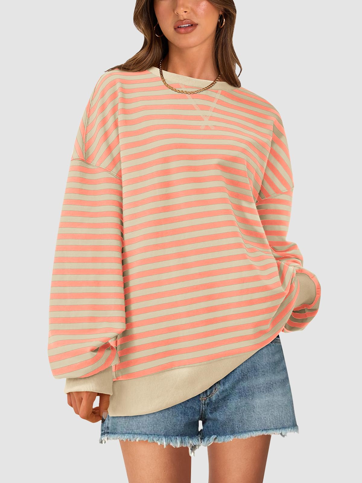 PRETTYGARDEN Womens Striped Oversized Sweatshirt Color Block Crew Neck Long Sleeve Casual Loose Pullover Top Y2K Clothes